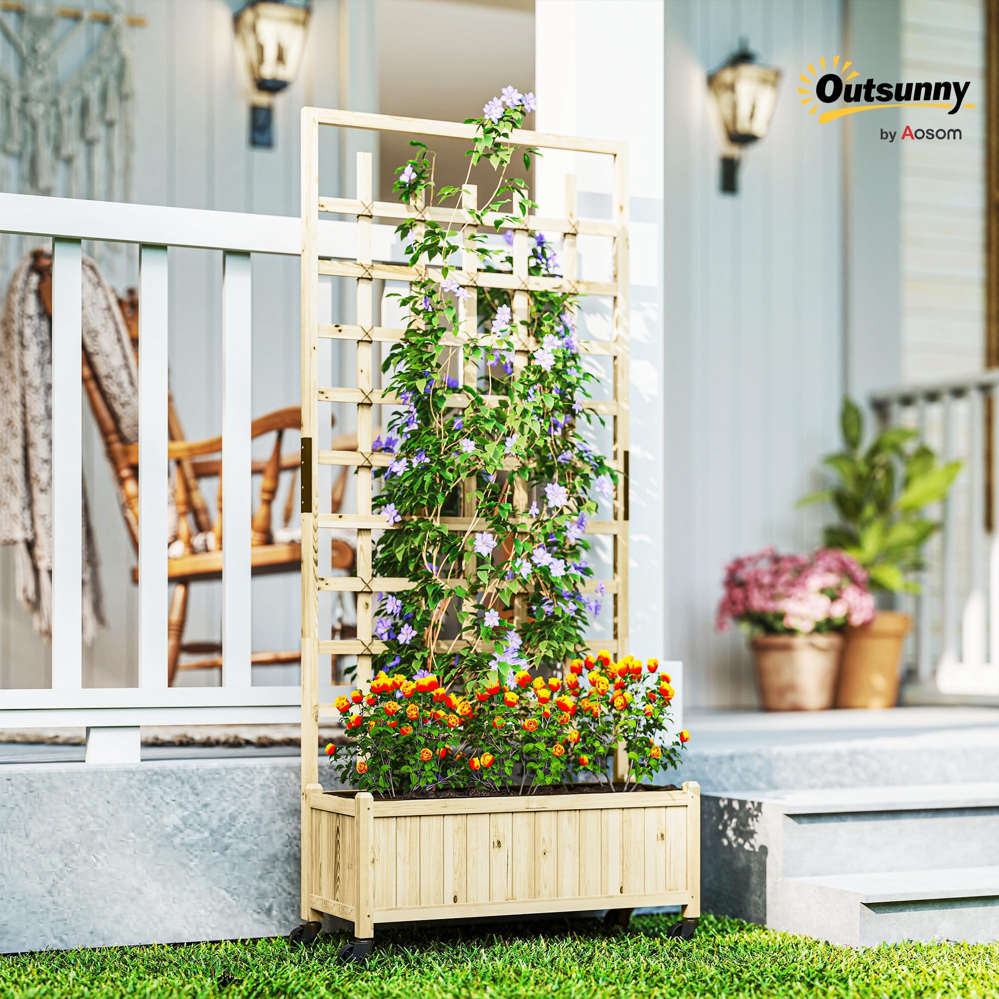 Outsunny Jardinière avec Treillis Bac à Fleurs 82,5x35x186cm Bois Naturel | Avec Roues, Lit Surélevé, pour Plantes Grimpantes Légumes Fleurs, Bois Massif, Intérieur Extérieur, Cour Jardin Balcon