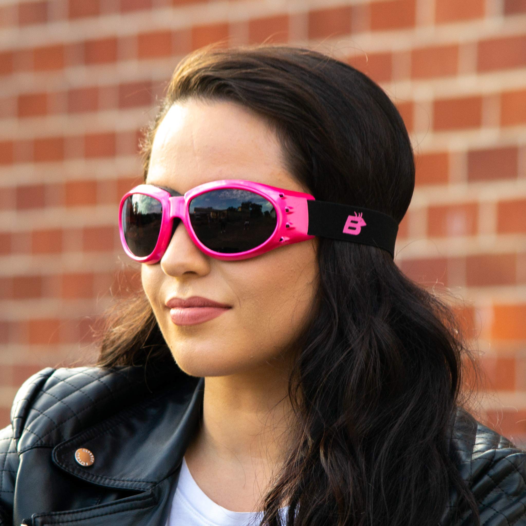 Birdz Eyewear Eagle - Occhiali da moto imbottiti da donna, 2 paia, montatura rosa con lenti a specchio rosa e fumo