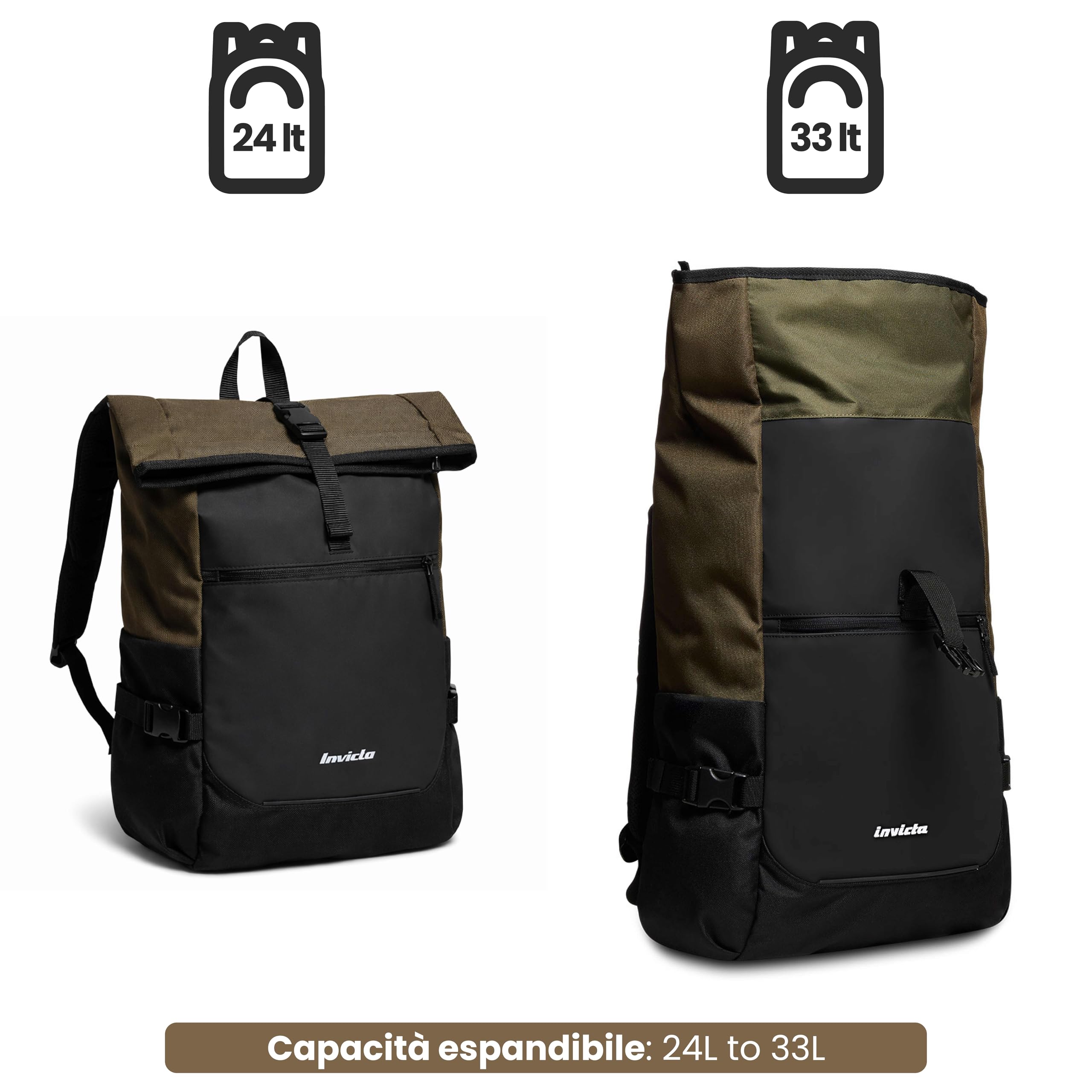 Invicta Zaino INVICTA - INVICT-ACT FOLD - Ufficio, Lavoro, Viaggio & Tempo Libero - Maxi Capienza - Tasca Interna Porta PC - Tasca Porta Borraccia