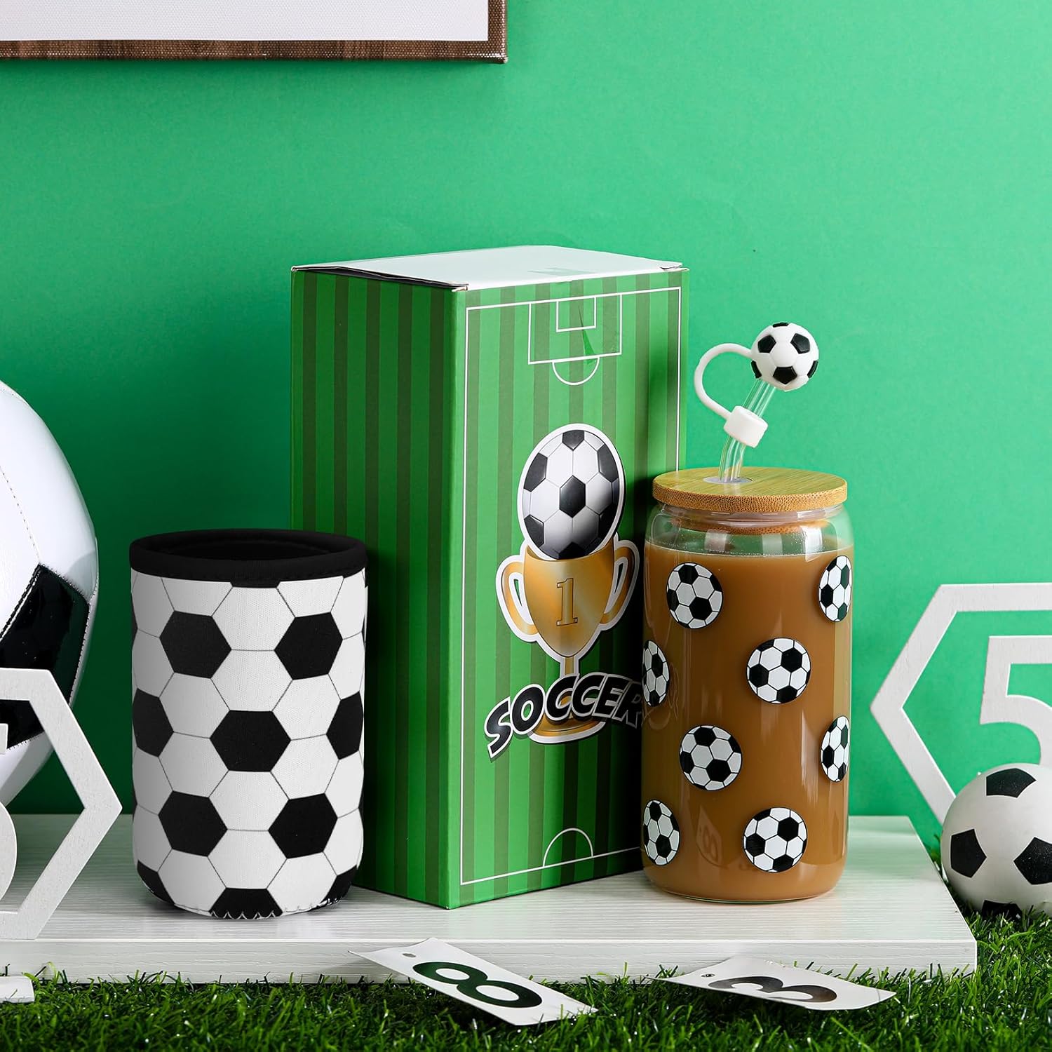 Soccer Lover Gifts, 16 oz Glass Iced Coffee Cup with Straw Stopper and Mug Sleeve, Sport Glasses Cup Gifts Box for Women Man Sport Lovers - Image 4