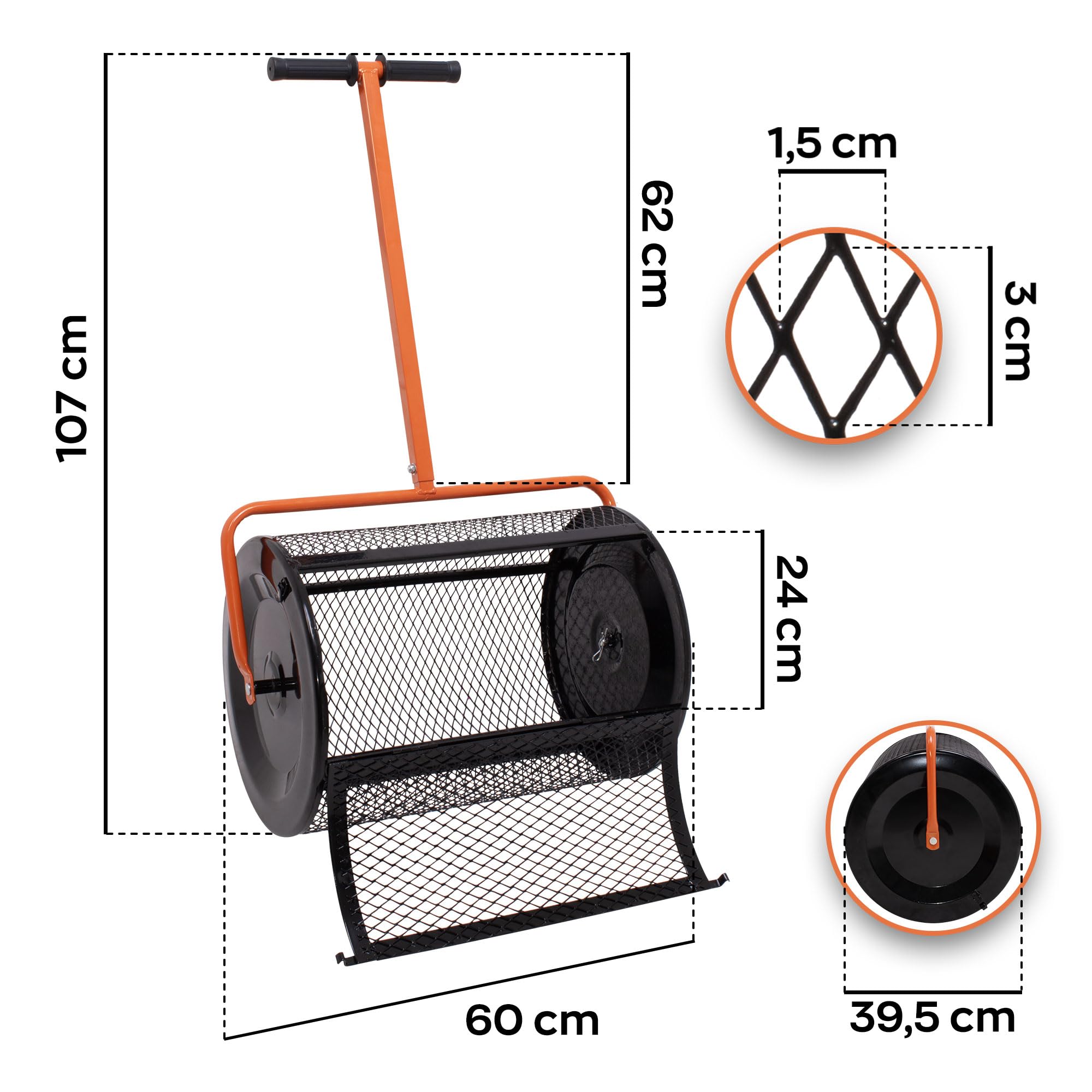 BOUDECH Spreader – Esparcidor de rodillo de jardín 60 x 107 x 39,5 cm para abono y siembra, jaula de metal naranja