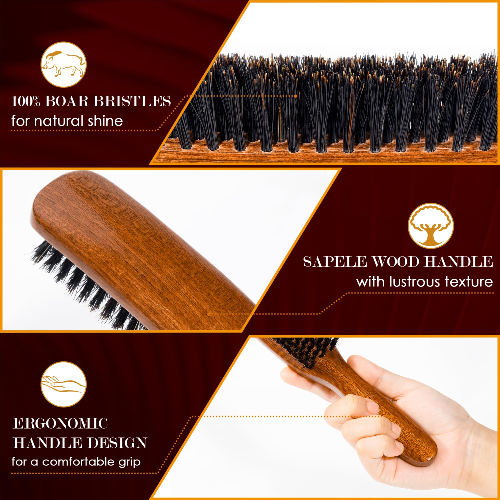 STYLEMATE Sapeli-Haarbürste aus Wildschweinborsten für Damen und Herren, weiche glatte Rückseite, Haarbürste für dünnes und feines Haar, glättende Haarbürste zum Polieren, Vertiefen und Stylen