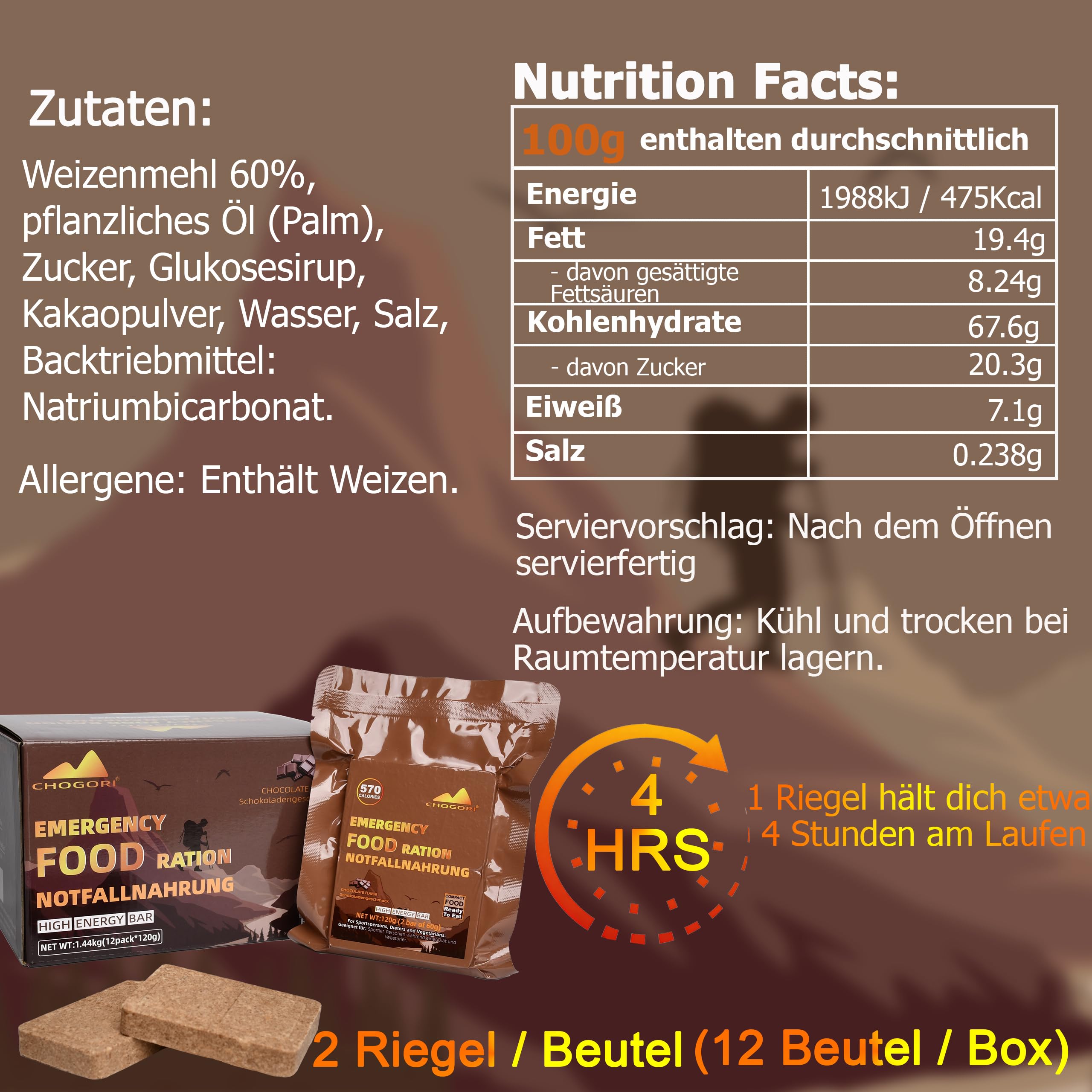 Notfallnahrung - Schokoladengeschmack Notfallvorräte, 6840 kcal Notnahrung, Lange Haltbarkeit Notration, für Trekking, Wandern, Bergsteigen und im Notfall, 12 Stück