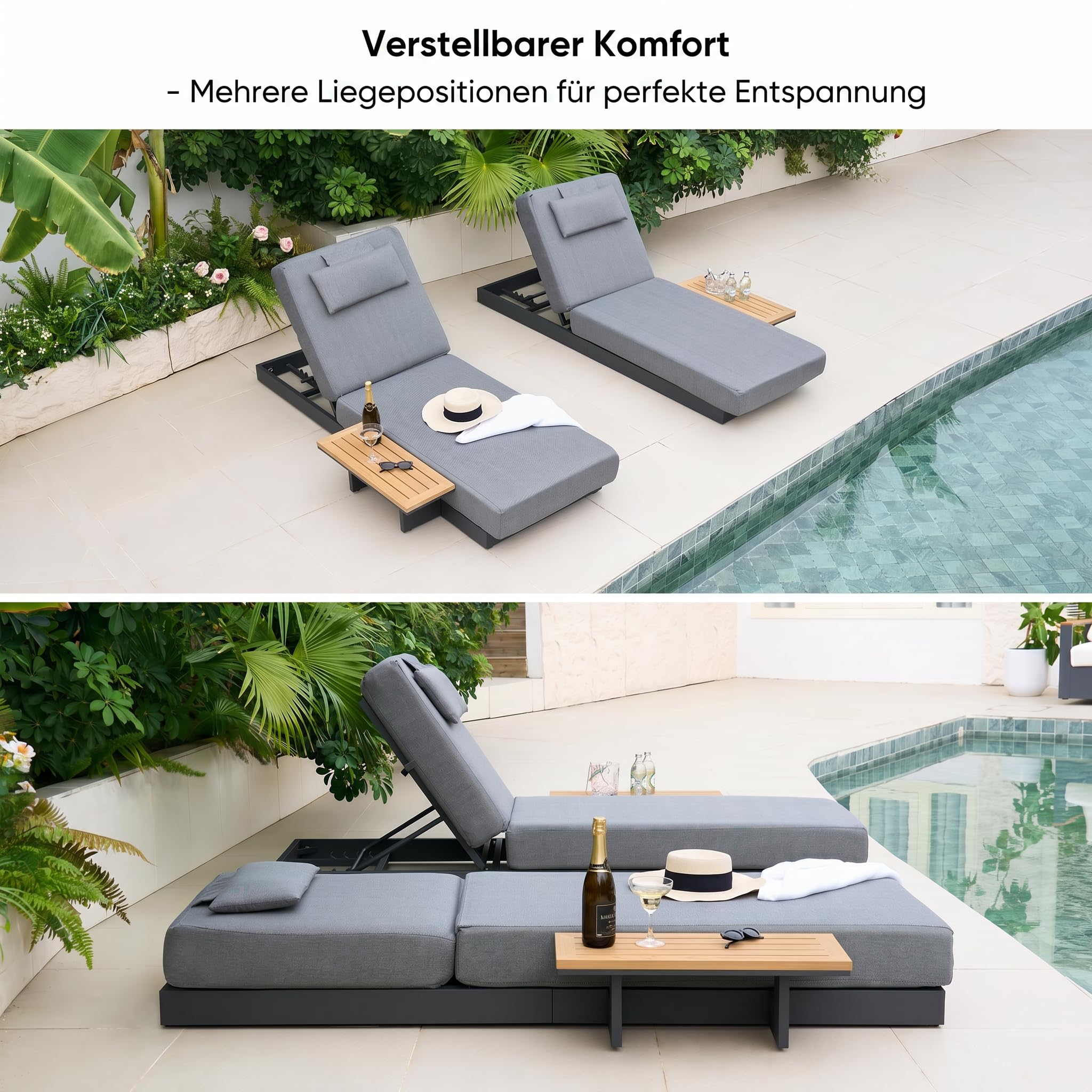 Homary Sonnenliege wetterfest, Gartenliege mit Aluminiumrahmen, Verstellbarer Rückenlehne, 19 cm Kissen, abnehmbarem Bezug und Teakholz-Beistelltisch, 2 Stück