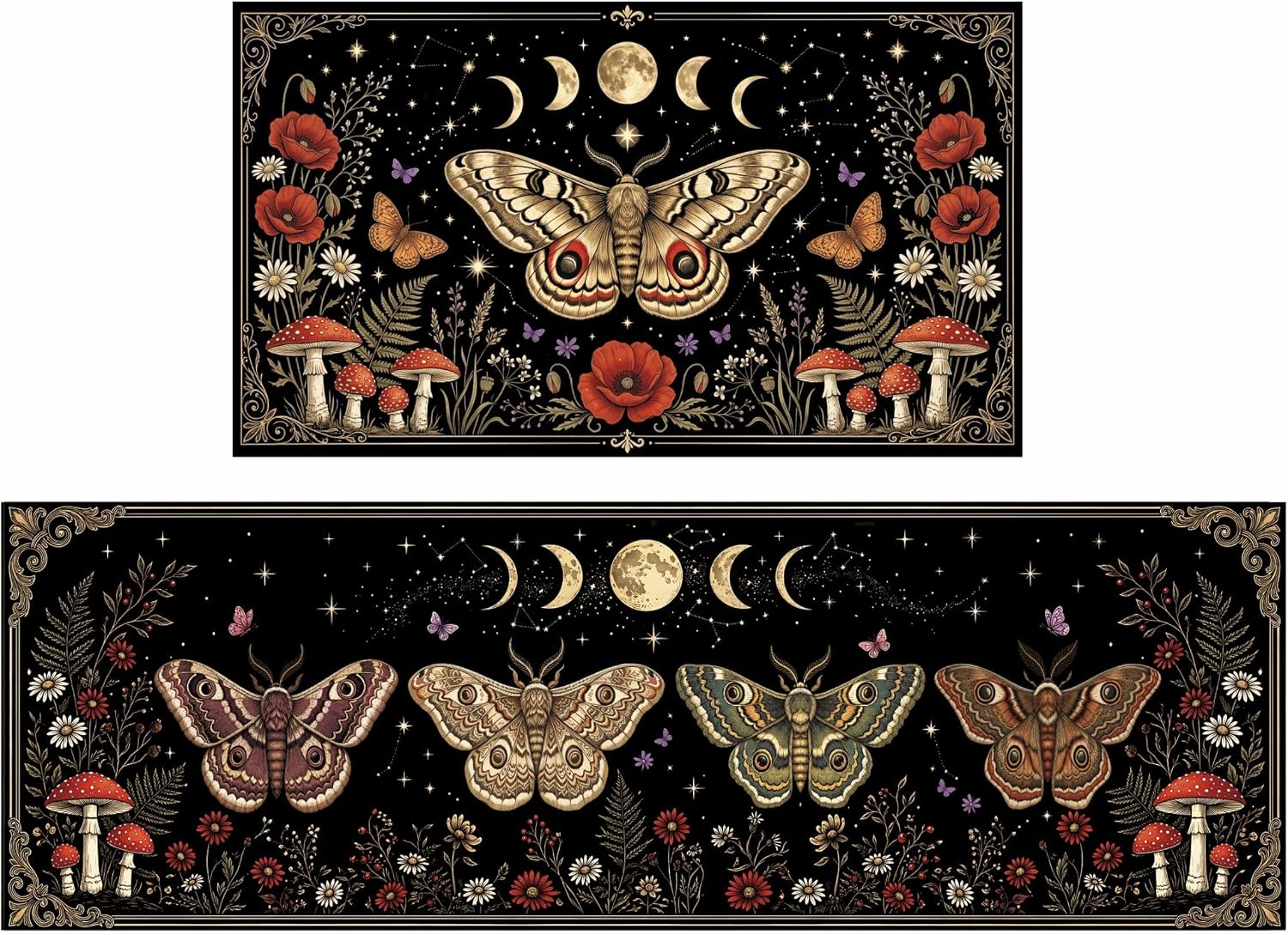 2 Pcs Moth Kitchen Rug, Mushroom Kitchen Mat for Floor Non Slip