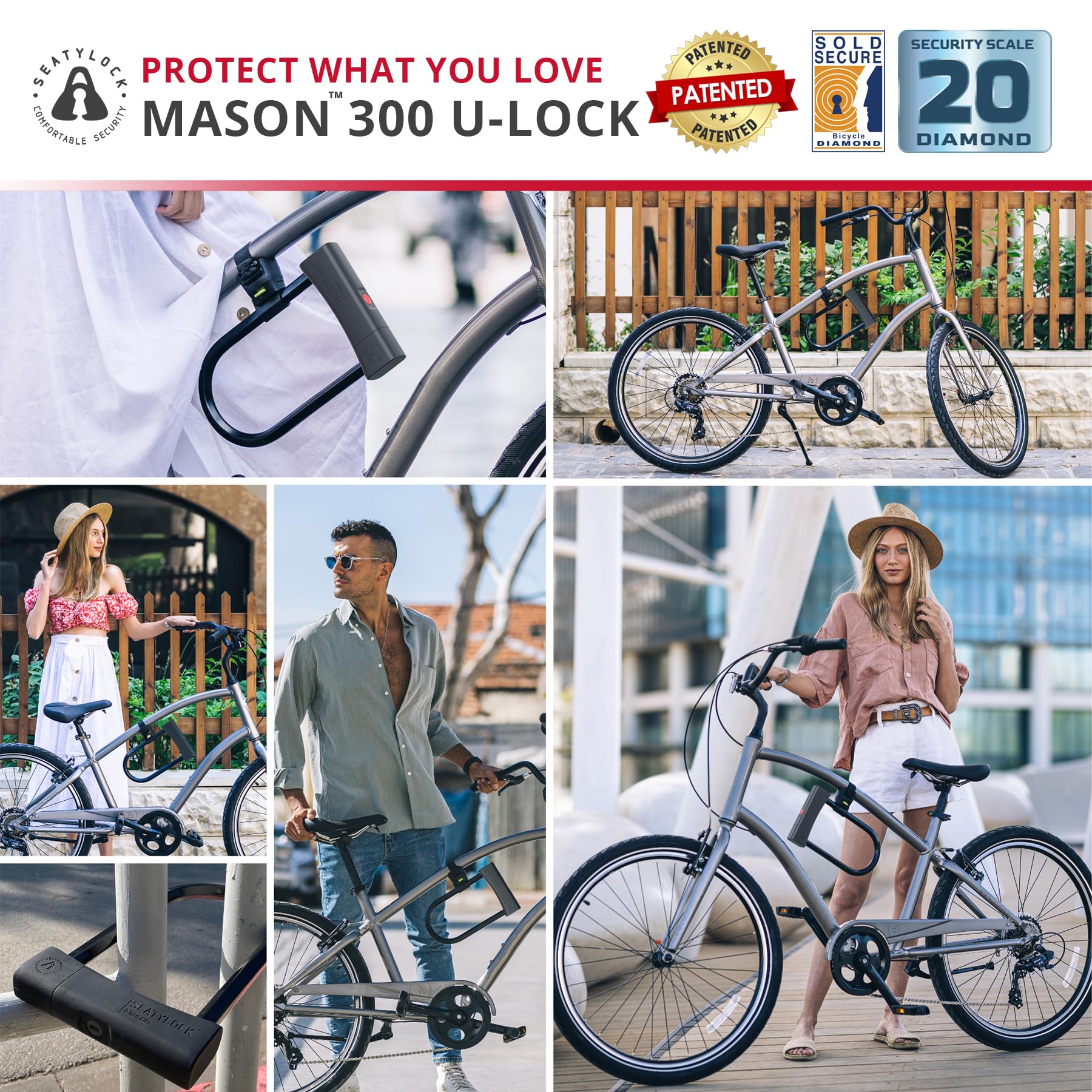 SeatyLock Mason Bike U Lock – Lucchetto antifurto per bicicletta brevettato – Super Wide Safety Master Tool ULock con chiavi per bici elettriche, scooter e moto (30 cm)