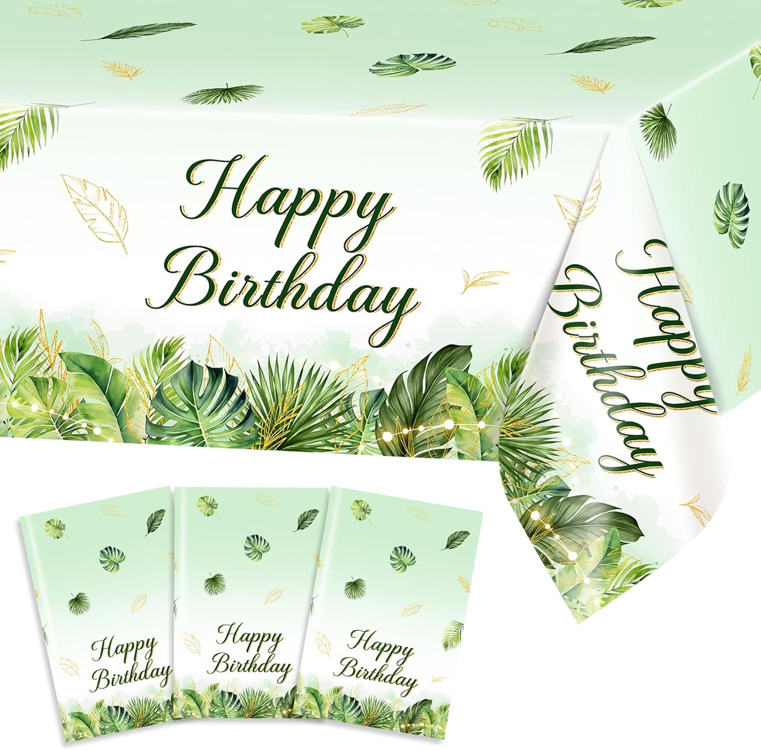 Avezano 3 pcs Green Palm Leaves Tropical Birthday Tablecloths 108x54 inch Tropical Birthday Decorations for Women Adults Summer Bday Tablecovers Rectangular Disposable
