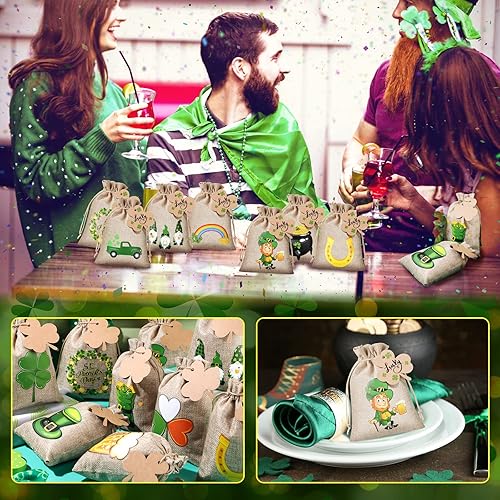 Miniatura 6 de Shappy 24 juegos de bolsas de regalo del día de San Patricio, bolsas de arpillera de arpillera verde para fiesta, bolsas de dulces, trébol irlandés,