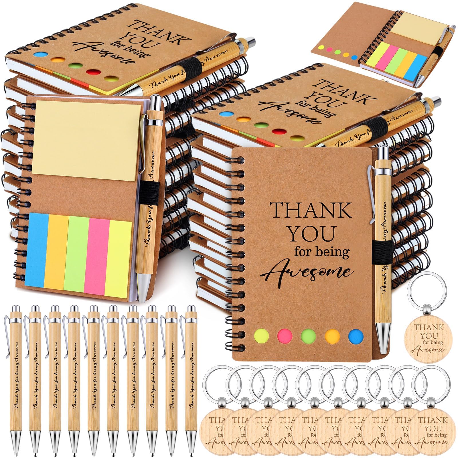 60 Pcs Employee Appreciation Gifts Inspirational Spiral Notebooks with Sticky Notes Motivational Notepads Pens Keychains Bulk for Teacher Coworkers