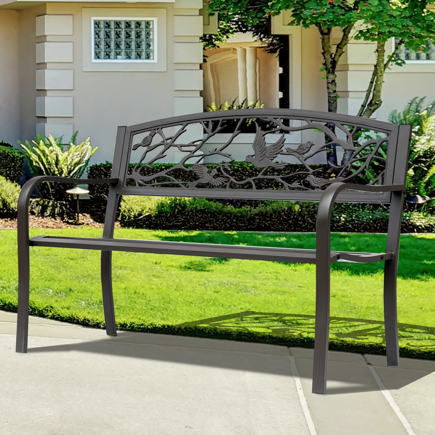 Outsunny Tuinbank Voor 2 Personen, Decoratieve Armleuningen, Voor Tuin En Terras Gietaluminium Natuurlijk Hout 120 X~1lq3c4n6o7g00
