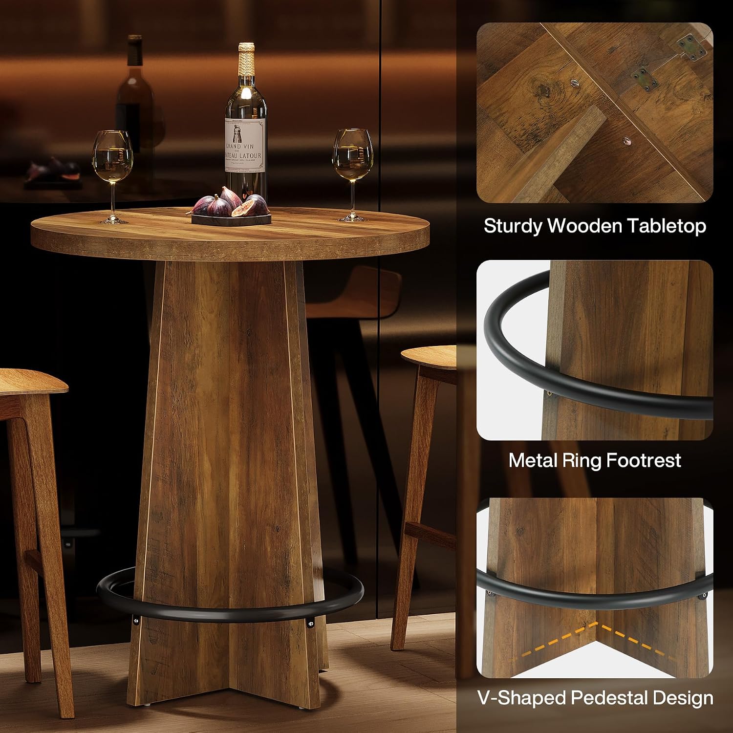 Tribesigns Round Bar Table, 37.4'' Tall Wooden Bistro Pub Table with Base and Metal Ring Footrest for Coffee House, Home, Small Space, Brown(Only Table)