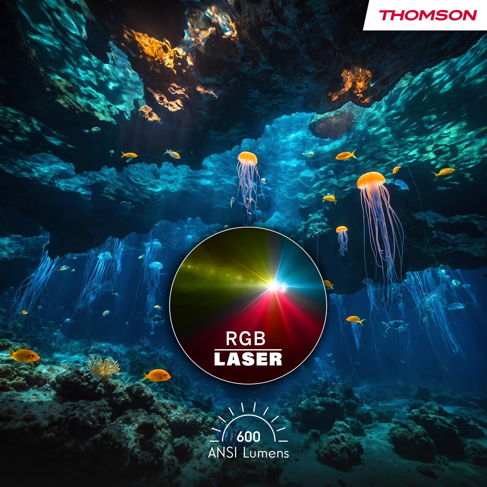 Thomson Sirius PG55B Proiettore Laser RGB Smart, Ottica Ultra-Corta, Full HD 1080p, Google TV, 600 ANSI, Auto Focus, HDR10+, Dolby Digital+, Batteria, WiFi, Bluetooth