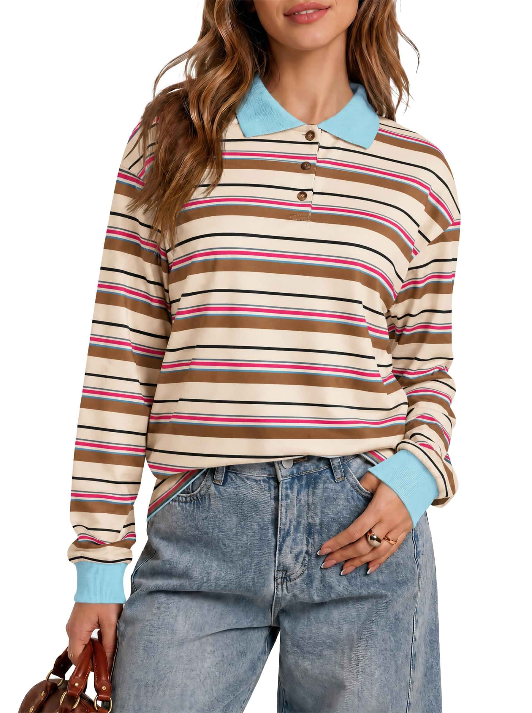 Tankaneo Womens Striped Long Sleeve Polo Shirts Casual Oversized Tops Y2K, Rugby, Streetwear, Loose fit, Color block, Pullovers, T-shirt, Sweatshirts, Collared