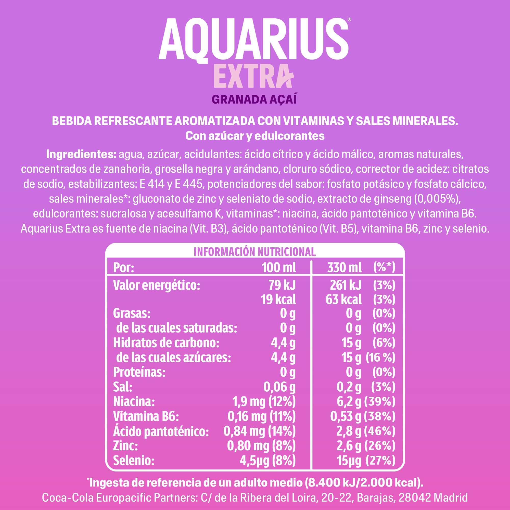 Aquarius Extra Granada Açaí, Bebida Baja en Calorías con Vitaminas B3 B5 B6, Minerales y Ginseng, Refresco Hidratante- Pack 24 Latas 330 ml