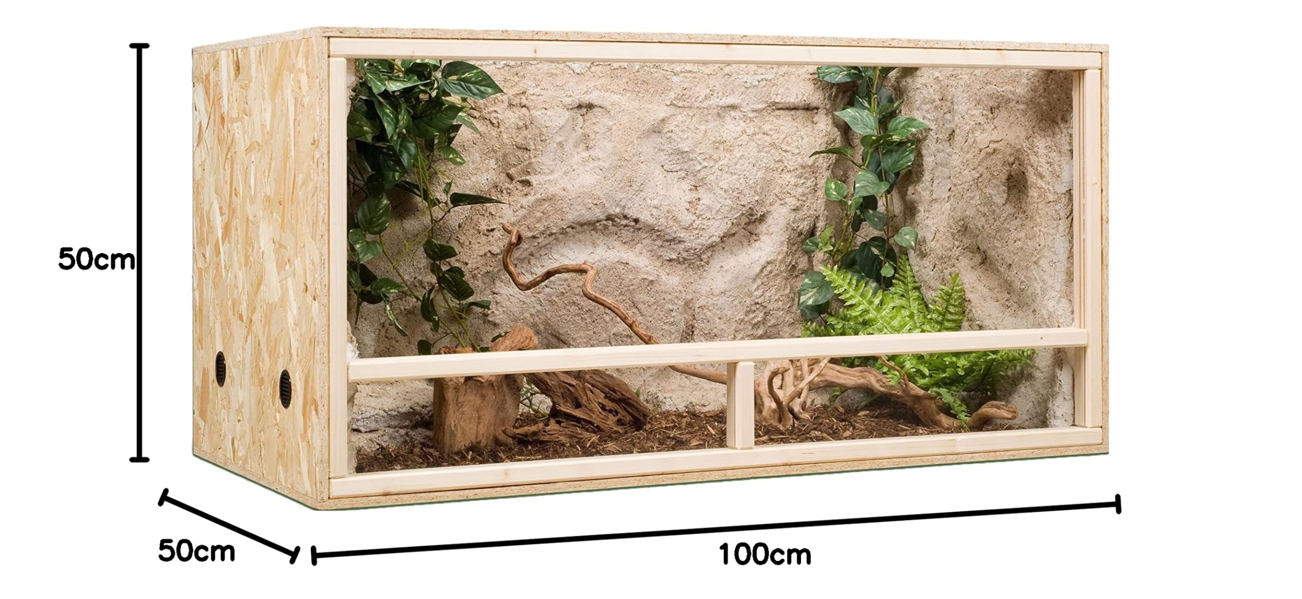 OSB Terrario in legno, 100 x 50 x 50 x 50 cm, con ventilazione laterale