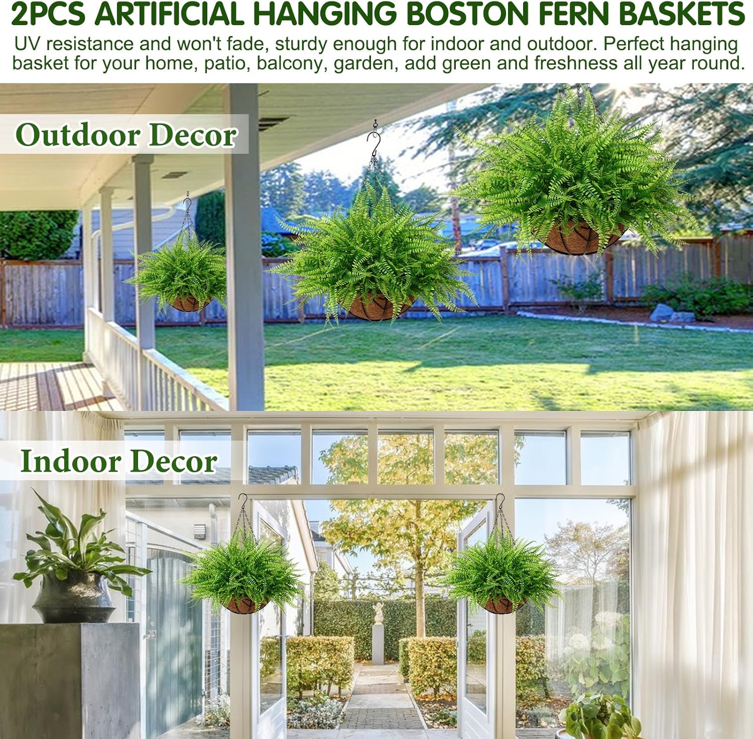 KHOYIME Artificial Hanging Plants with Basket 2PCS Fake Boston Fern Baskets, Outdoor Faux Greenery Stems Hanging Decor UV Resistant Indoor Outside Decorations for Home Garden Porch Balcony Patio Yard - Image 5