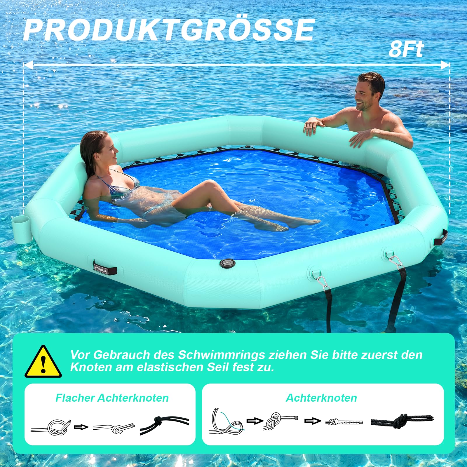 Aufblasbares Schwimmdock 240cm, Sechseckig mit Netz | Strapazierfähiges PVC, Langlebig, Stabil. Für Pool, See, Strand. Netzmitte zum Entspannen. Schnell Aufblasbar, Tragbar
