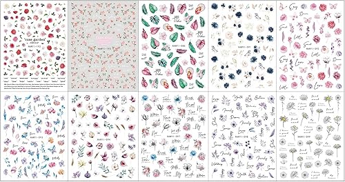 Miniatura 2 de JMEOWIO 10 hojas de calcomanías de arte de uñas de flores de primavera, calcomanías autoadhesivas, uñas coloridas de verano, suministros de uñas,