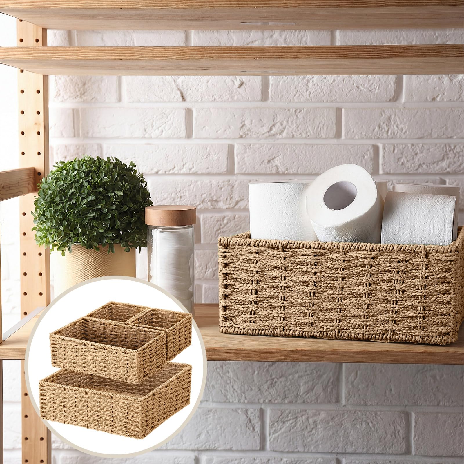 Juego de 4 cestas de almacenamiento naturales, juego de 4 cestas decorativas rústicas tejidas de cuerda de papel para organizador de baño en 3 tamaños para estante de inodoro, encimera