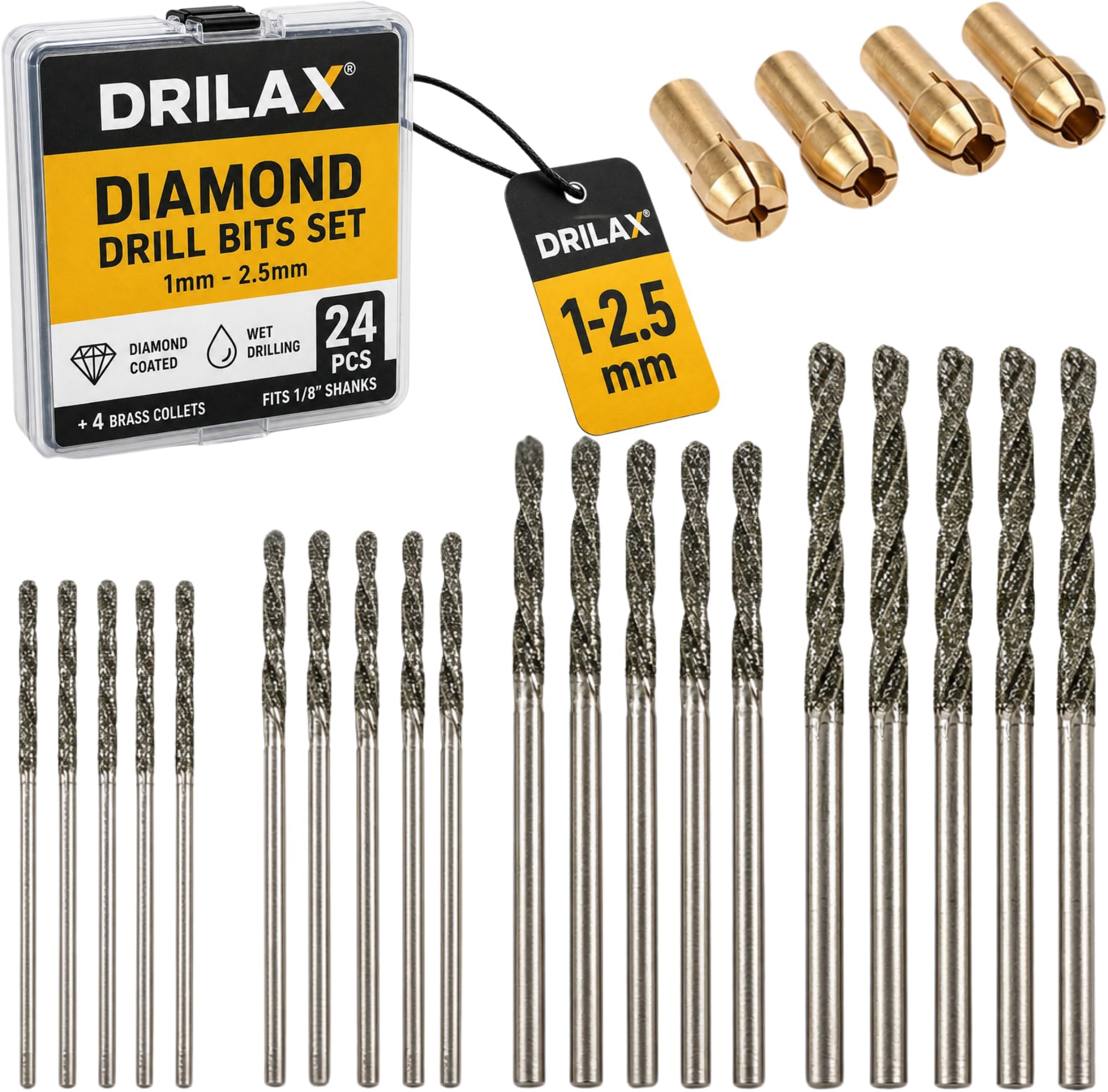Drilax 24-Piece Diamond Drill Bit Set (1mm, 1.5mm, 2mm, 2.5mm) Compatible with Dremel Rotary Tools, Includes 4 Collets – for Stones, Sea Glass, Shells, Gemstones & Jewelry