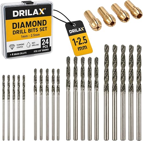 Diamond Drill Bits for Stone 24-Pc 1 to 2.5mm for Dremel Seashells Stone | Fits 1/8" Shanks, Jewelry, Gemstones, Ceramic, Sea Glass, Lapidary Crafts, Roks Case, Wet Drilling, Collets Included