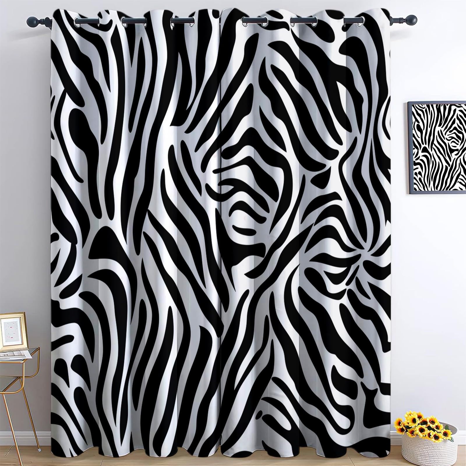 En Blanco Y Negro Cortinas Opacas Rayas Cebra Estampado Animal 3D Impresión Poliéster Termicas Aislantes Cortinas, Para Habitacion Salón Dormitorio Decoración De La Ventana 2 Piezas 75An X 166Al Cm