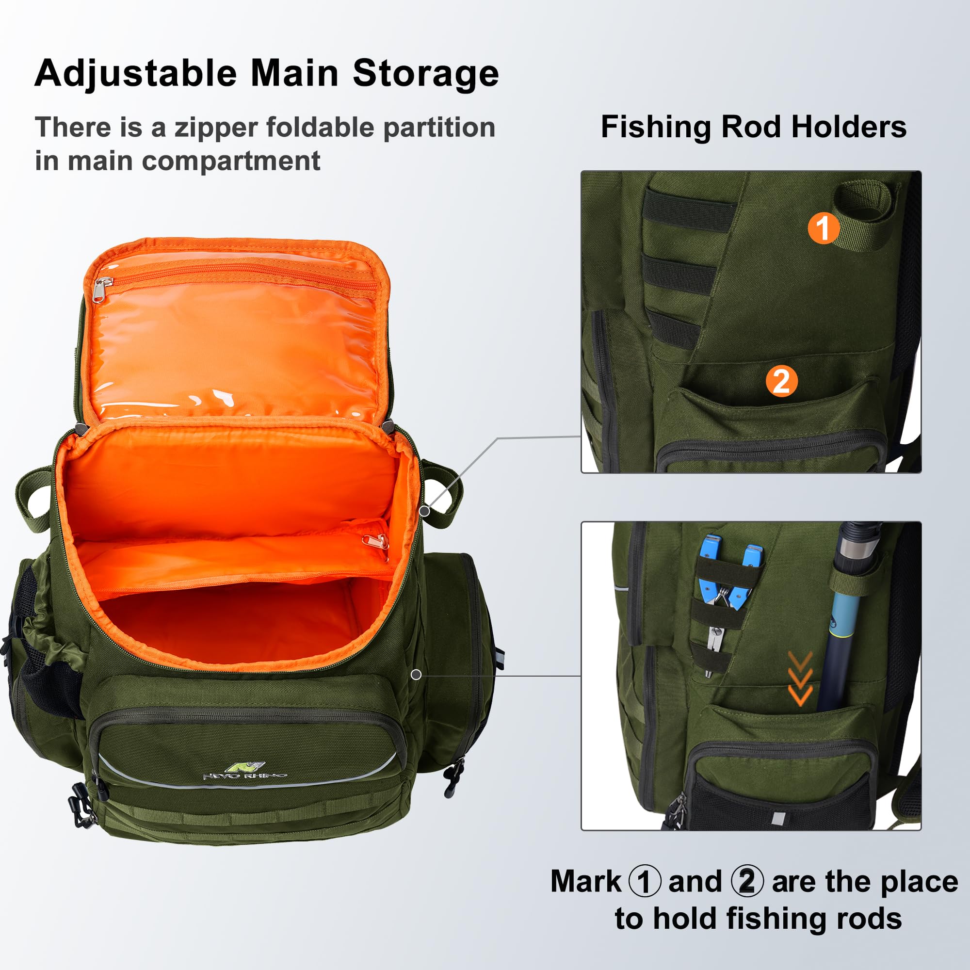 N NEVO RHINO Angelausrüstungs-Rucksack mit Rutenhaltern, 40 l, große Angeltasche mit wasserdichtem Regenschutz, Outdoor-Ausrüstungstasche