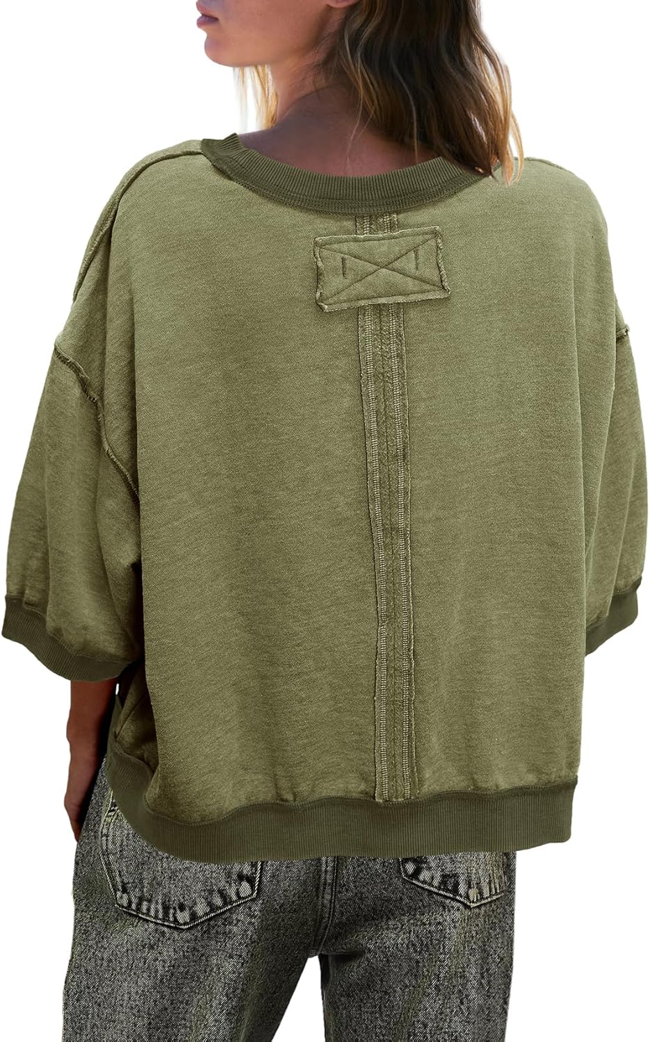 SENSERISE Oversized Sweatshirt for Women Short Sleeve Crewneck Sweatshirt 3/4 Sleeve Pullover Tops Color Block Top - Image 3