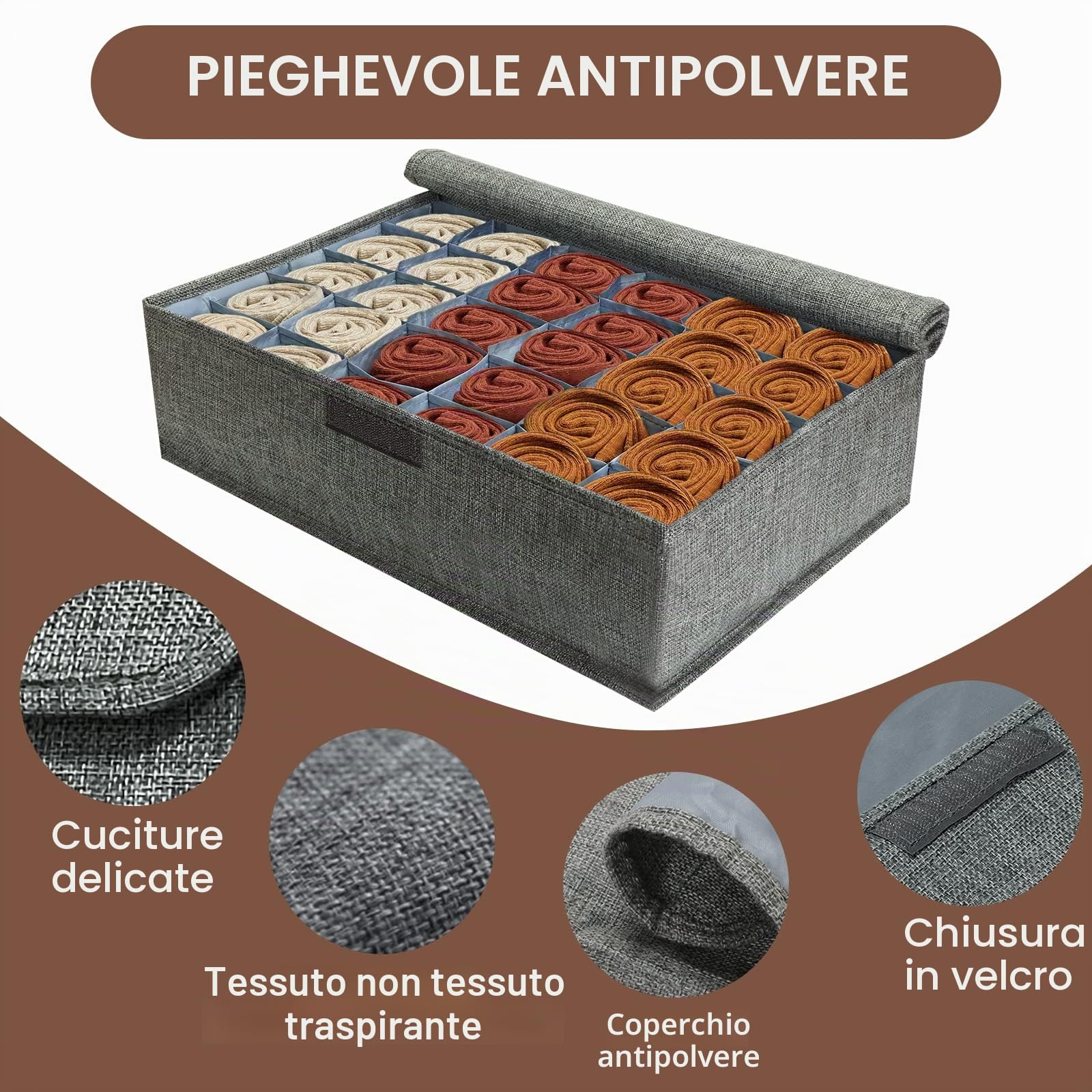 PINGMIC Organizer per Cassetti e Calzini, Confezione da 2 Con Coperchio, 30 Scomparti, Pieghevole, per Armadio, Biancheria Intima, Reggiseni, Fazzoletti