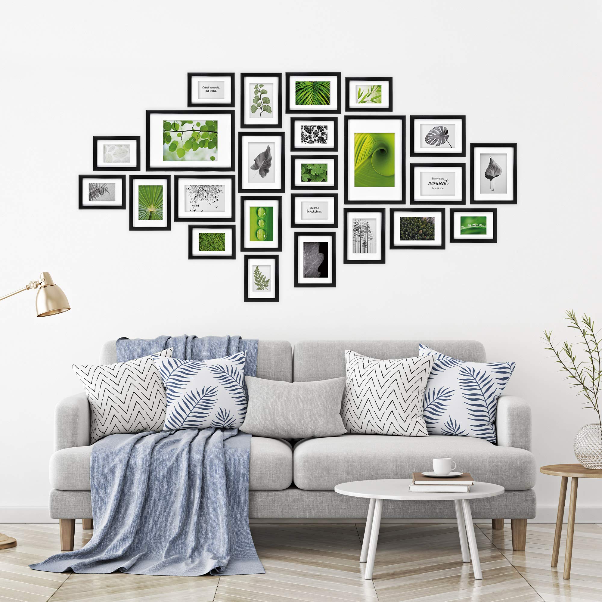 bomoe 24er Bilderrahmen Set Fotorahmen Collage aus Holz mit Passepartout | 10x10x15 8x13x18 4x15x20 2x20x30cm Schwarz & Kunststoff Bilder Rahmen Fotowand Bilderwand Wohnzimmer Fotocollage Nature