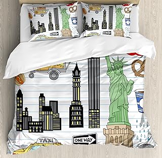 Ambesonne Hipster Duvet Cover Set, New York City Manhattan of Liberty Big Apple Hot Dog Stand Sketch Style, Decorative 3 Piece Bedding Set with 2 Pillow Shams, Queen Size, Green Blue