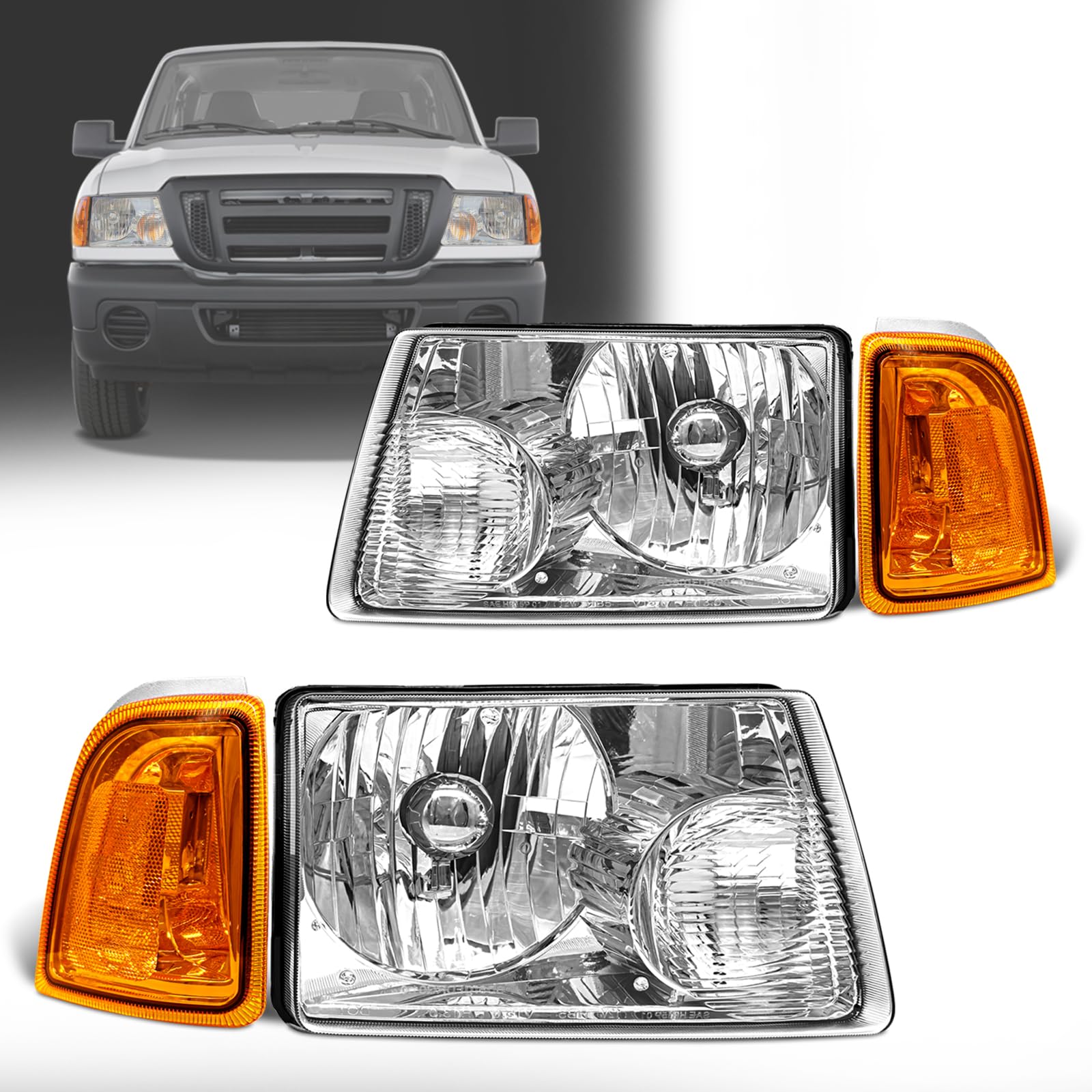 Compatible with 2001-2011 Ford Ranger Headlights Assembly for 2001 2002 2003 2004 2005 2006 2007 2008 2009 2010 2011 Ranger Chrome Housing Amber Reflector Replacement Driver & Passenger Side
