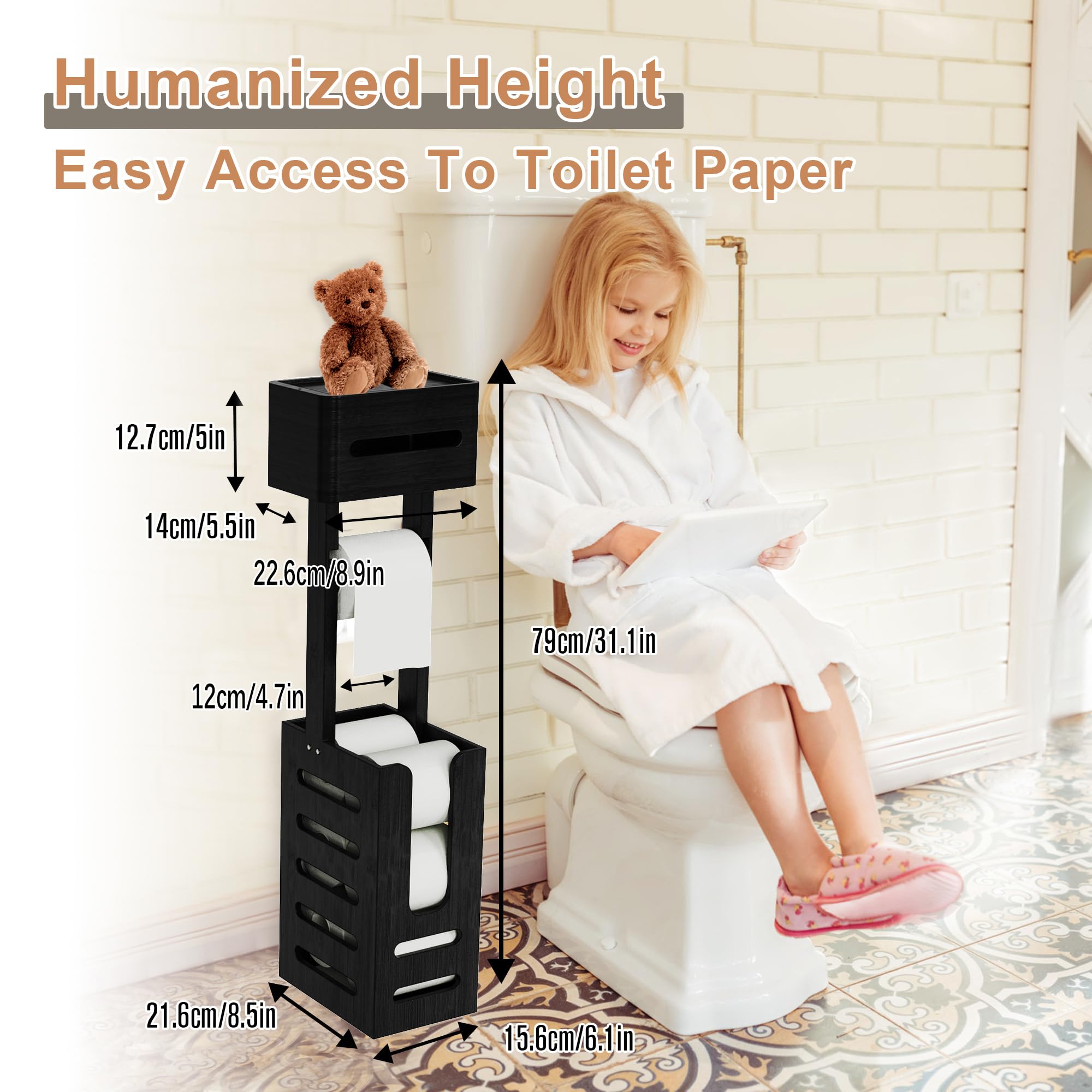 Schwarzer Toilettenpapierhalter, Bambus, freistehender Toilettenpapierhalter mit Aufbewahrungsregal, 4-in-1-Toilettenpapierrollenhalter für Badezimmer, Tücherspender, Organizer (schwarz)