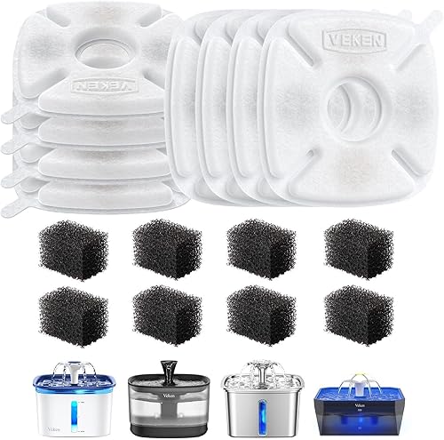 Veken Paquete de 8 filtros de repuesto y 8 esponjas de prefiltro de repuesto para fuente automática de mascotas de 67 onzas, 95 onzas y 135 onzas,