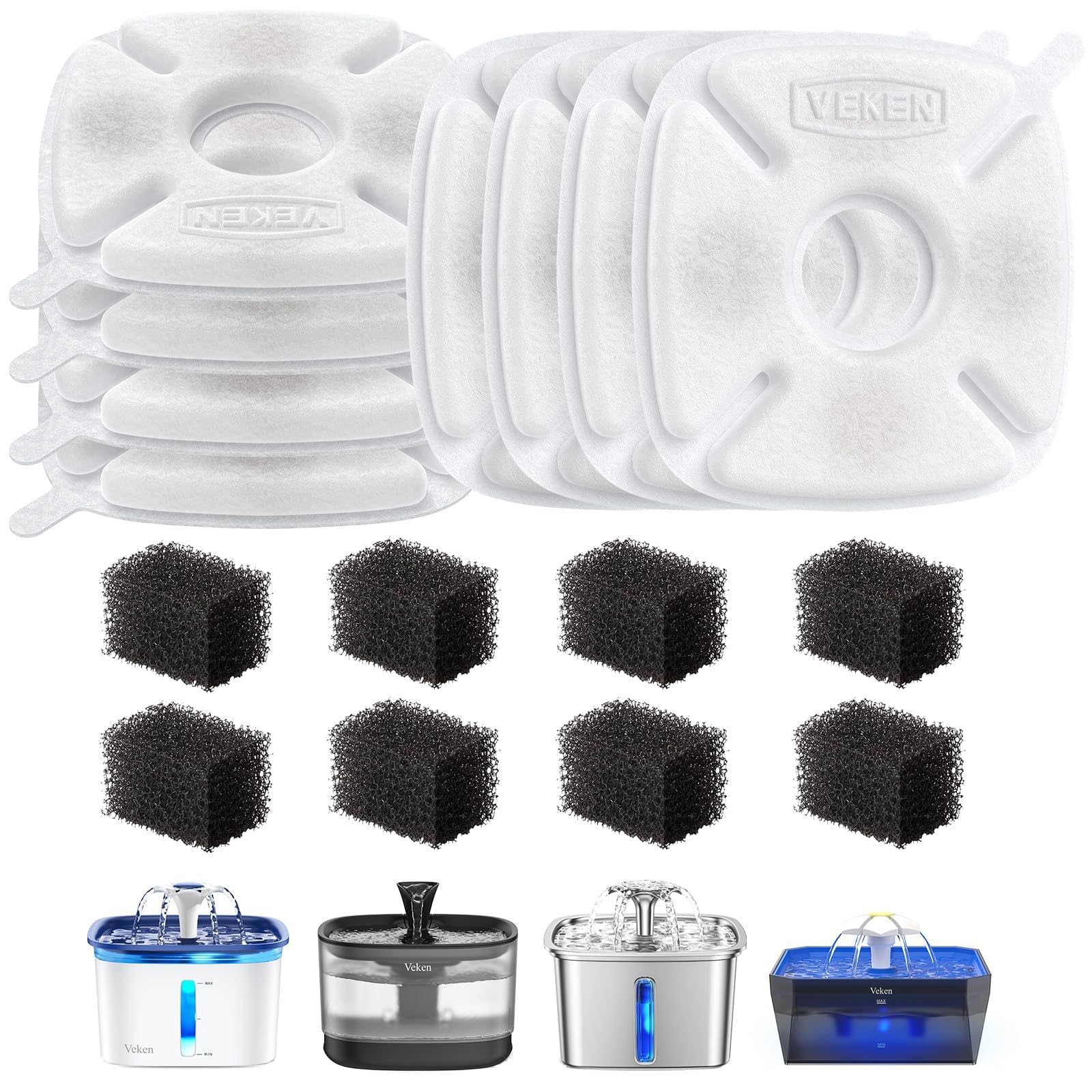 Veken Cat Water Fountain Filter, Classic 8 Pack Replacement Filters & 8 Pack Replacement Pre-Filter Sponges for 50oz, 84oz, 95oz Automatic Pet Fountain Dog Water Dispenser