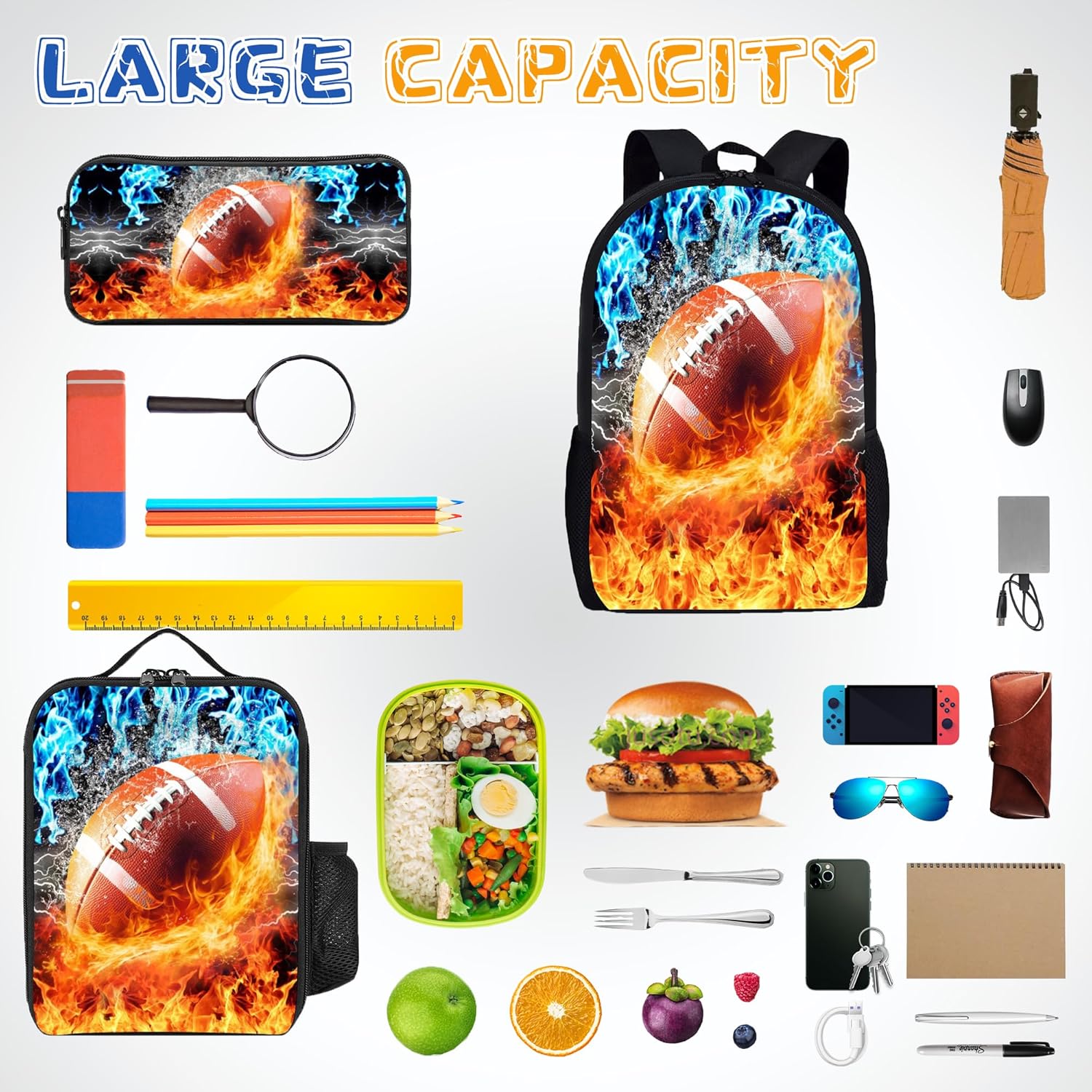 3PCS Football Backpack Set for Boys, Lightweight Large Backpack with Lunch Box & Pencil Case, Cool Sport Bookbag for Kids, Back to School Backpacks for Elementary & Middle School - 01 - Image 7
