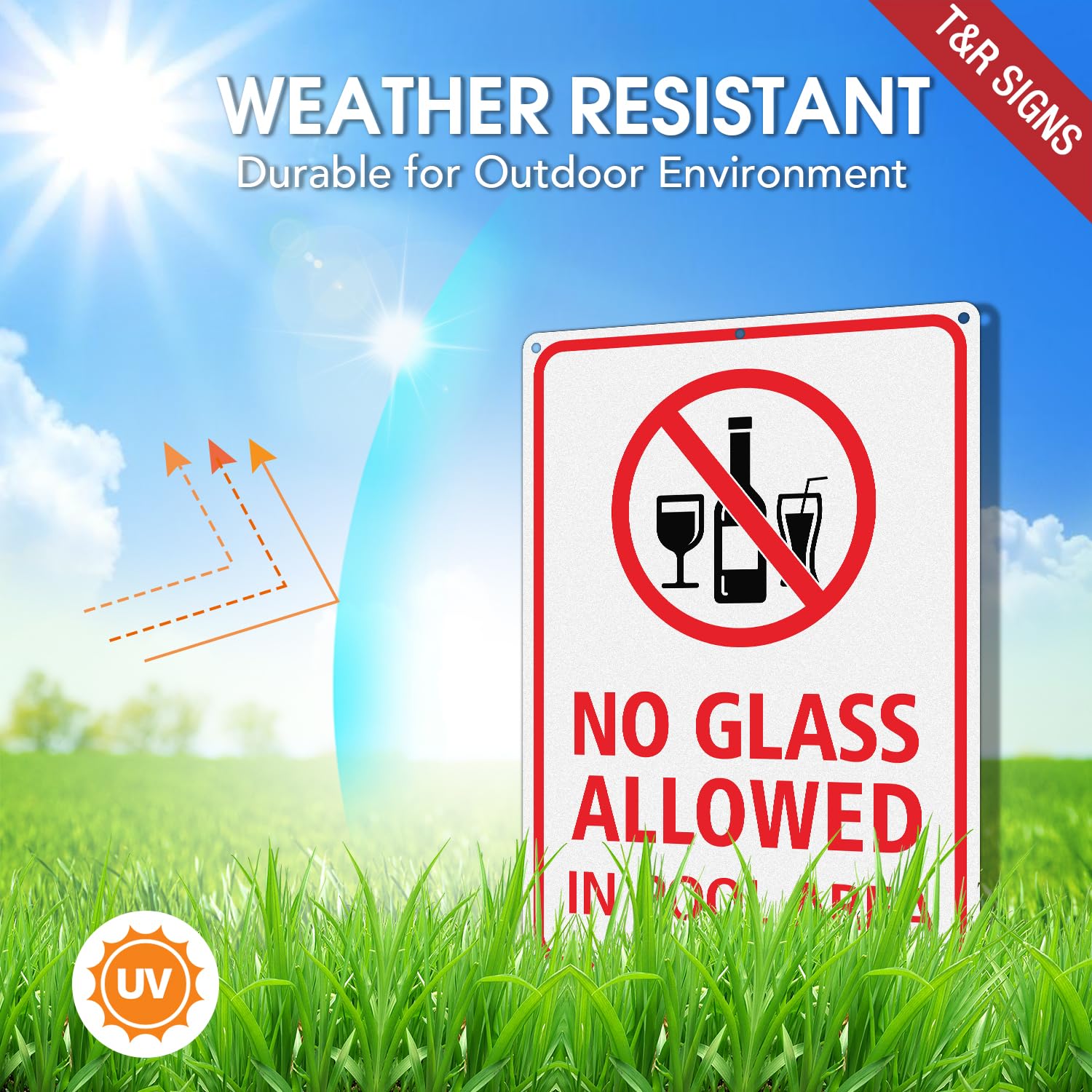 T&R Lot de 2 panneaux « No Glass Allowed In Pool Area » - 35,6 x 25,4 cm - Aluminium lourd .040 antirouille - Réfléchissant, imperméable, résistant aux intempéries et à la décoloration, 6 trous
