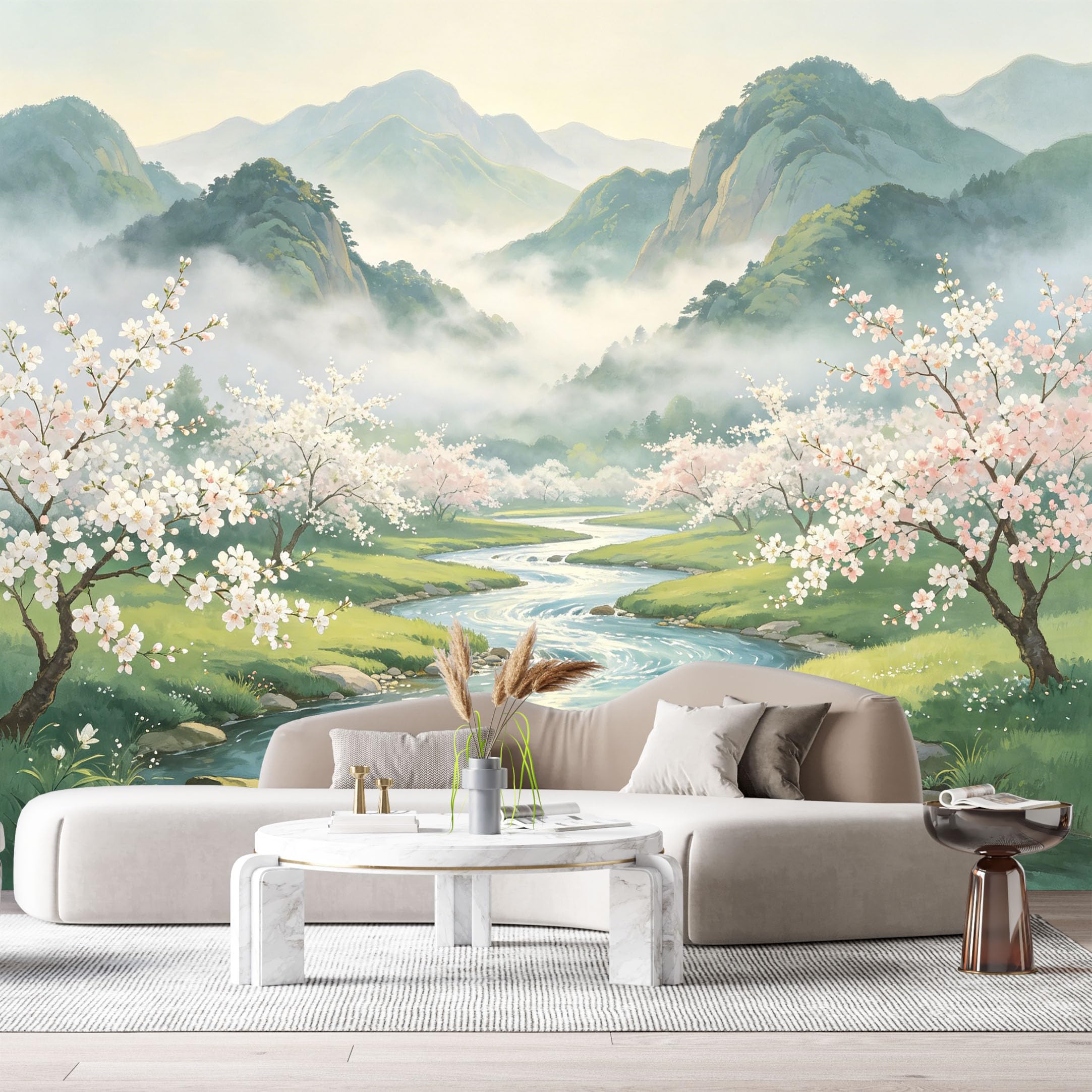 Custom Size Wall Murals Misty Mountain River Cherry Blossom Landscape Watercolor SelfAdhesive Wall Fabric Removable Large Wallpaper for Photo Living Room