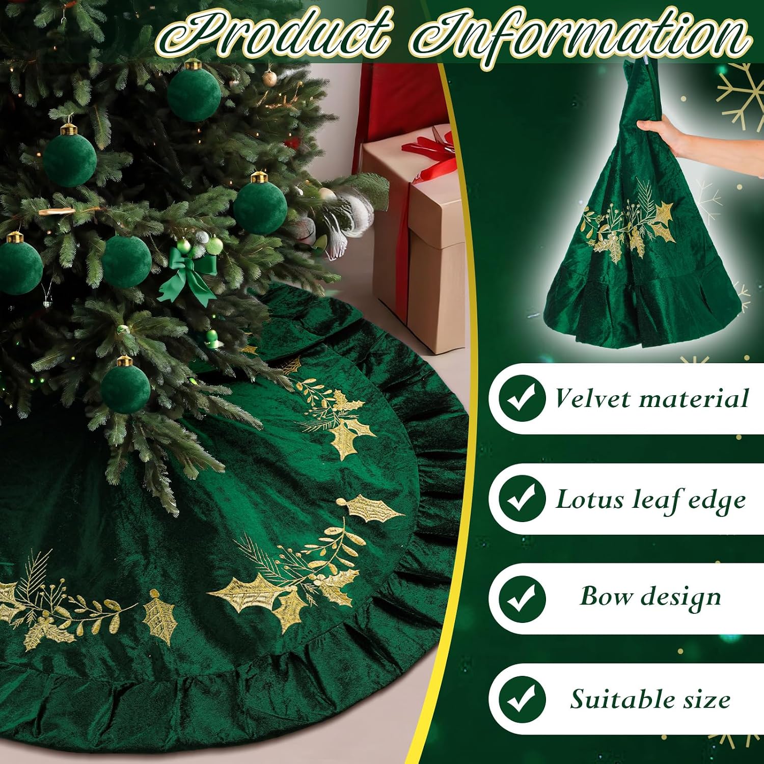 48 inches Velvet Christmas Tree Skirt Red Wine Gold Fur Plush Tree Skirt Luxury Xmas Skirts for Merry Christmas Party Vintage Holiday Decorations(Green with Gold Embroidered Holly)