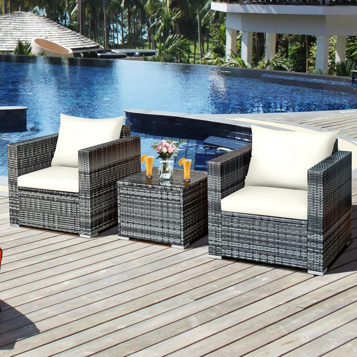 3 PC Patio Rattan Furniture Bistro Set Cushioned Sofa Chair Table White Single Sofa