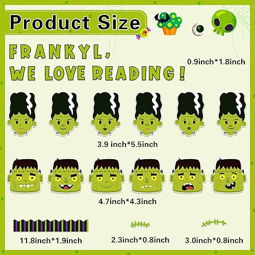 Miniatura 3 de Haooryx Juego de 118 tablones de anuncios con texto en inglés «Frankly We Love Reading» para decoración de aula, recortes de personajes de monstruo