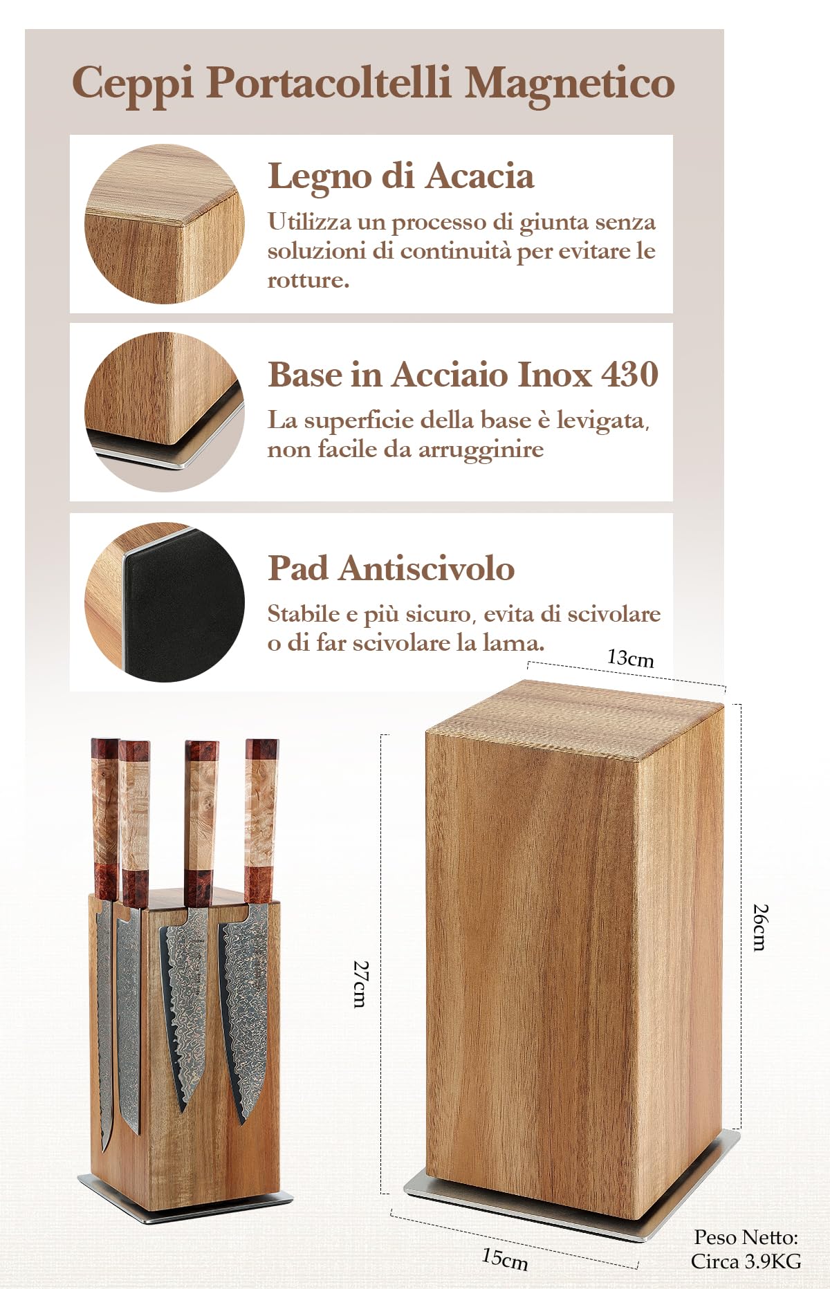 HEZHEN Ceppo Portacoltelli Magnetico Girevole 360° Legno d'Acacia - Blocco Rotazione - Supporto Magnetico a Quattro Lati per Coltelli da Cucina con Base Antiscivolo