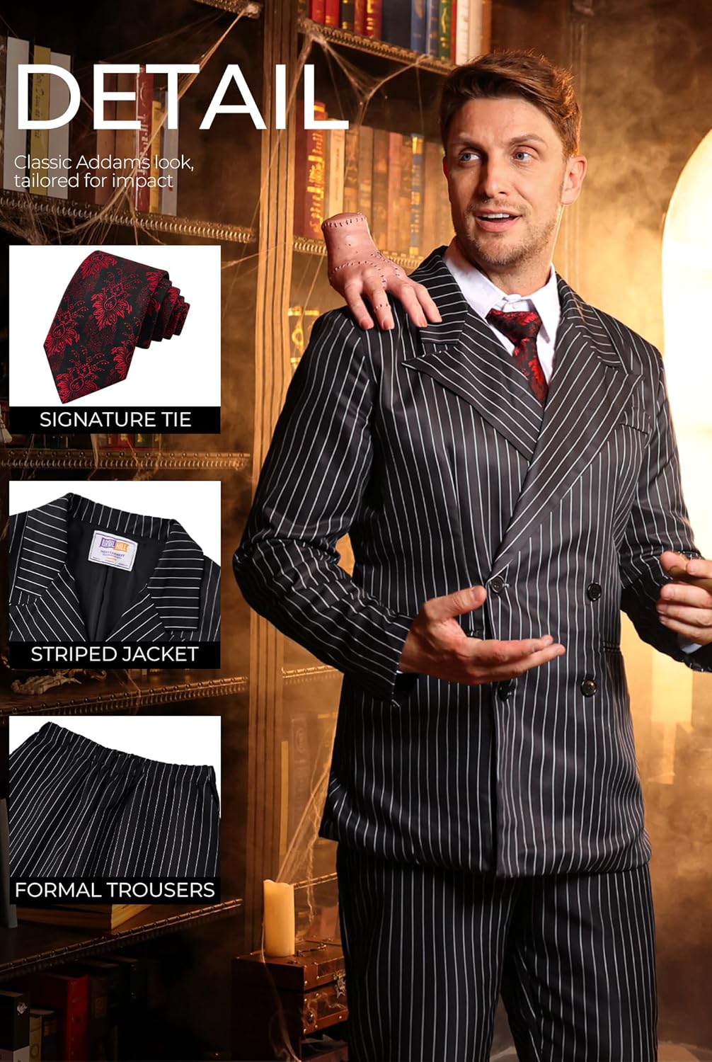 Arvilhill 3 Pcs Gomez Addams Costume Adult Men 1920s Gangster Outfit Black Striped Blazer Pants Tie Suit (S-2XL) - Image 6