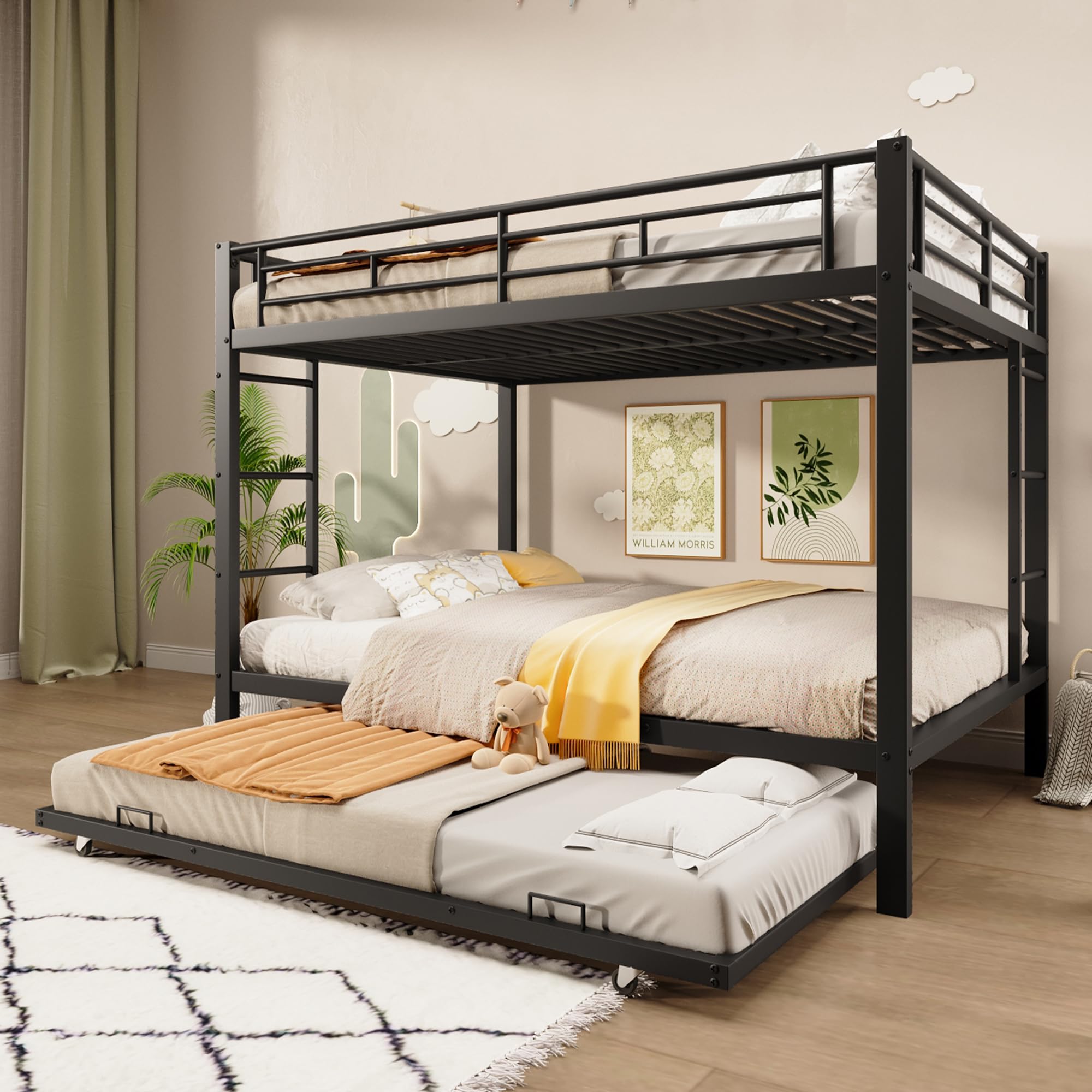 Letto a castello 140x200 cm, con telaio in ferro con sponde laterali e scala di sicurezza, dotato di letto estraibile, per camerette per bambini o dormitori per adulti, senza materasso (nero)