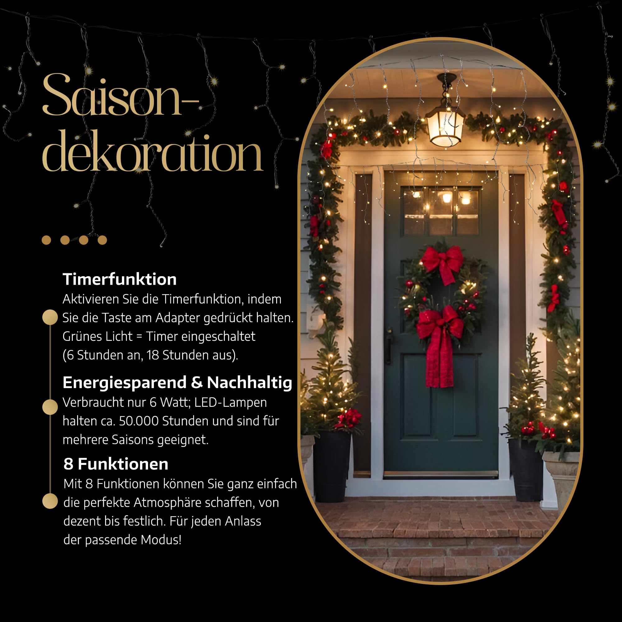 Meisterhome 400 LED Eisregen - 8m + 5m Zuleitung - mit Timer und 8 Beleuchtungsmodi - Eiszapfen Innen und Außen - für Party, Hochzeit, Balkon, Garten Deko - Warmweiß