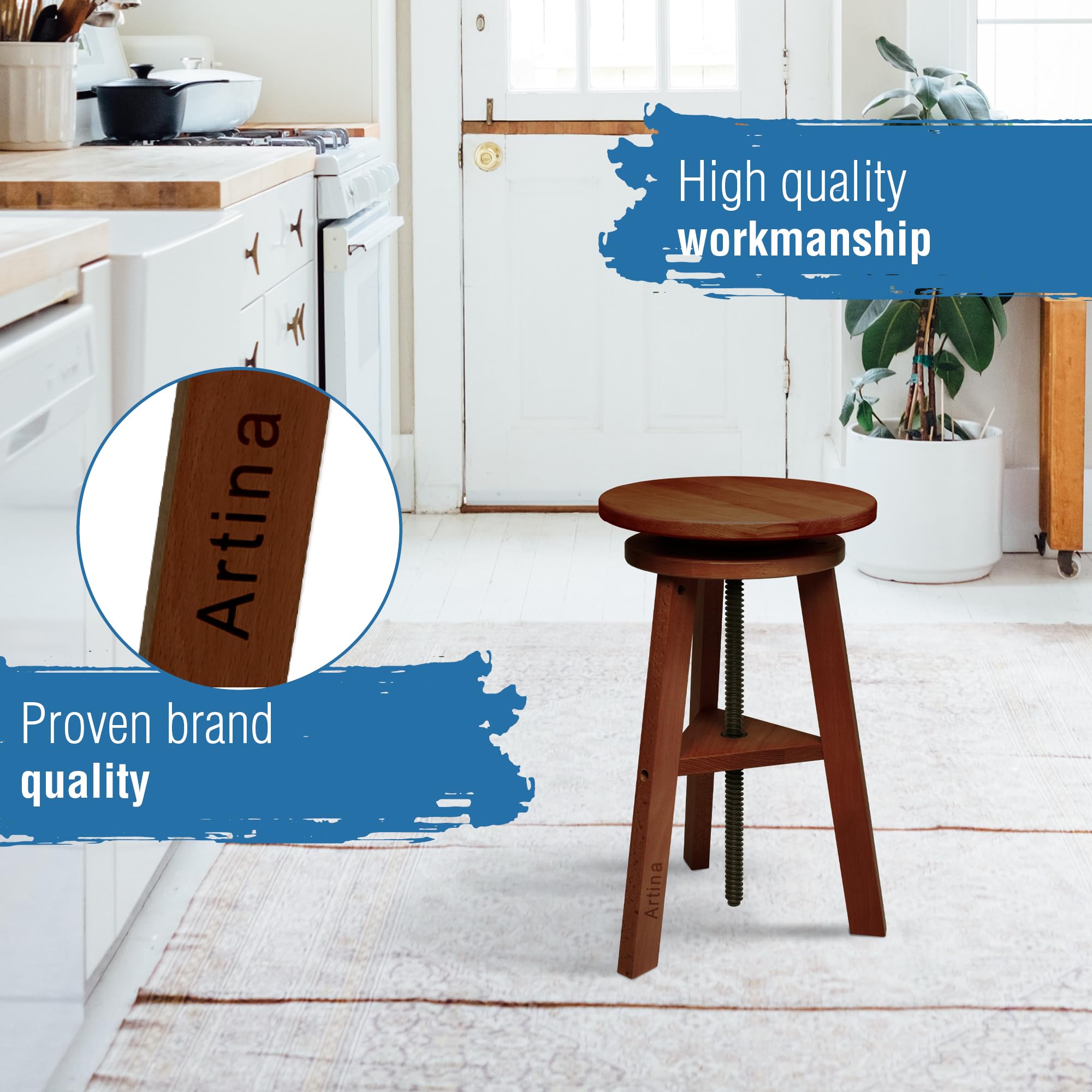 Artina Malhocker Arles Ø 30 cm Sitzfläche Drehhocker Holz höhenverstellbar 48-66cm - runder Künstlerhocker 360 Grad drehbar & belastbar, Nußbaum-Optik, Künstlerdrehstuhl & Werkstatthocker