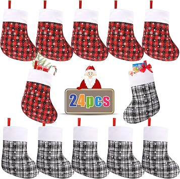 DIYASY Mini Christmas Stockings, 24 Pack Small Buffalo Plaid Stocking Snowflake Red Black Stockings Bulk for Christmas Tree Ornament Decorations Gift Holder(8Inches)