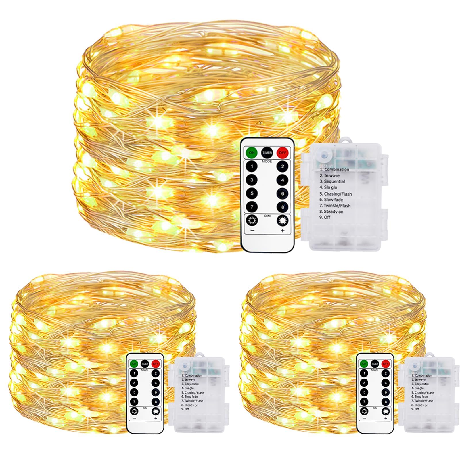 litogo 3 Piezas Luces LED Pilas, 5M 50 LED Guirnalda Luces Pilas Impermeable Luces Led con Pilas,8 Modo Luces de Hadas con mando y Temporizador Luces Interior Exterior para Navidad,Fiesta,Habitacion