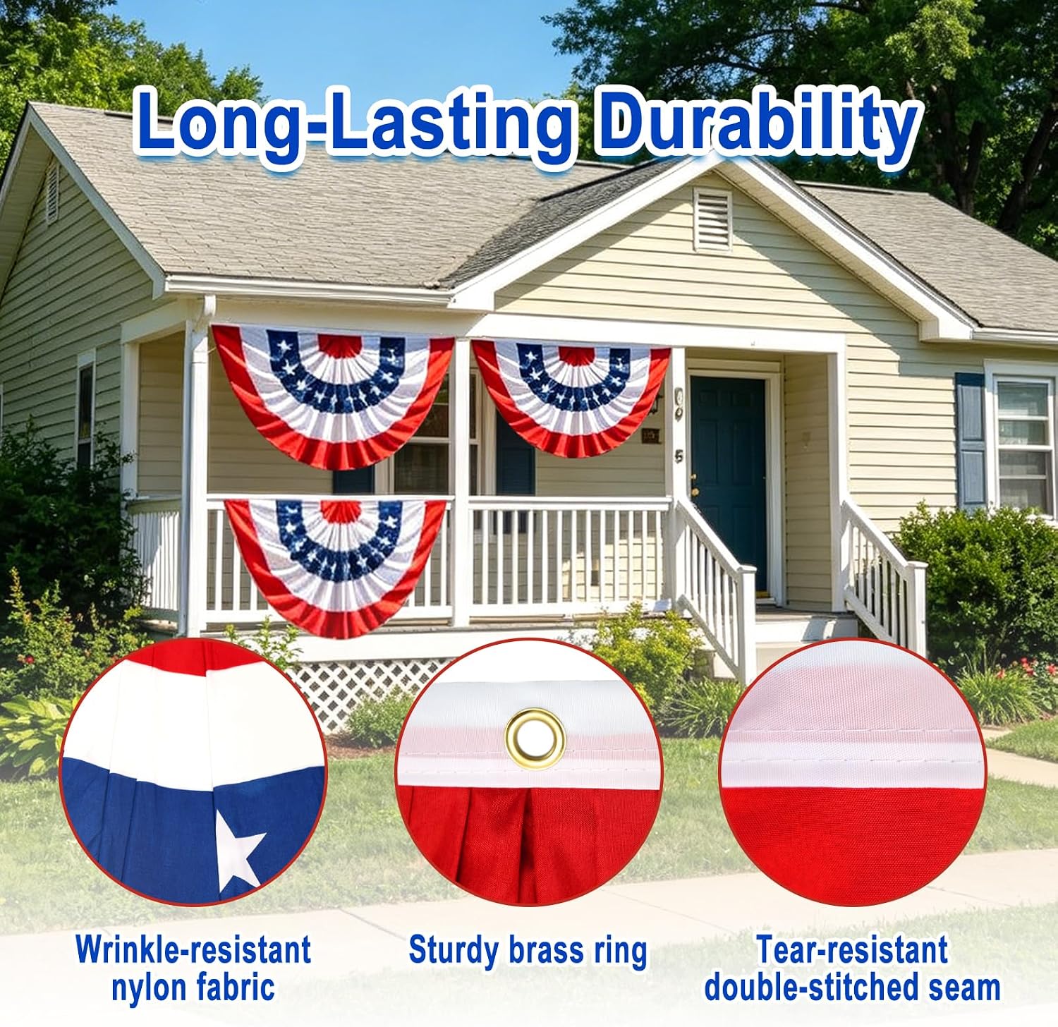 American Flag Bunting, Patriotic Pleated Fan Flag with Brass Grommets, Ideal for 4th of July, Memorial Day & 250th Independence Day Anniversary, Porch & Outdoor Decor (2x4 Feet - 4PCs)