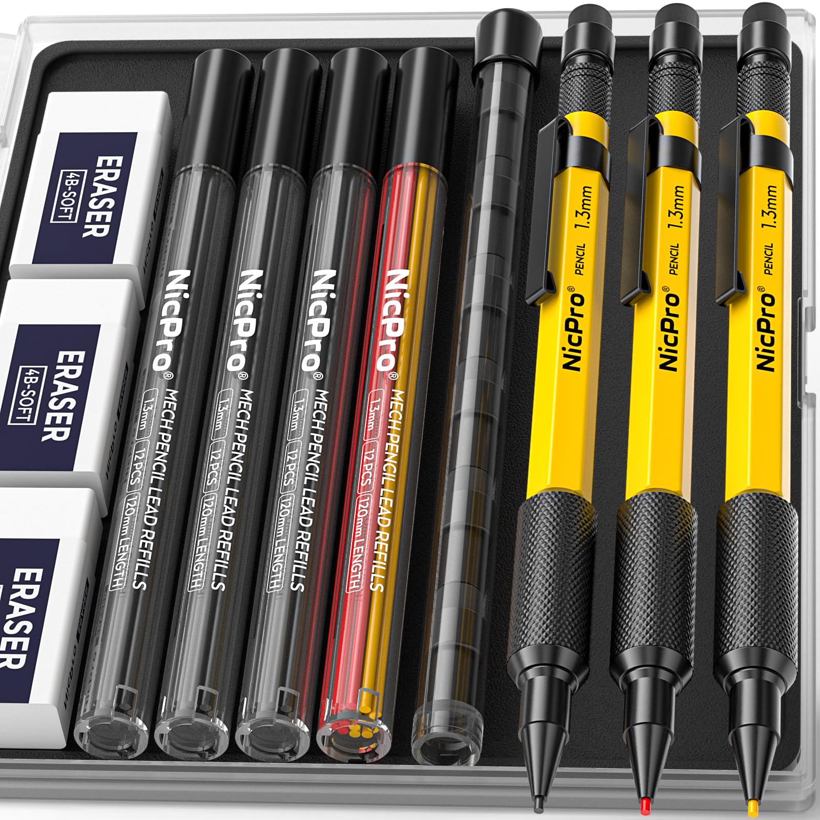 Nicpro 3 PCS 1.3 mm Mechanical Pencil Set with 72 Lead Refills, 3 Eraser - Weatherproof Metal Barrel, Heavy Duty Carpenter Pencil MP2000 for Outdoor Marking Drafting Drawing Woodworking - with Case